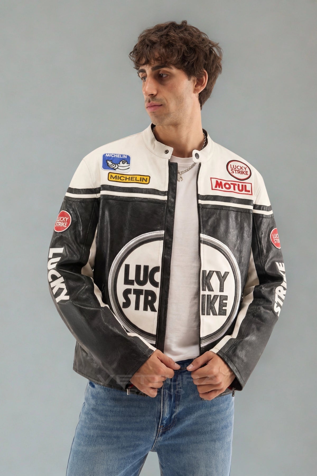 Model wearing the Lucky Strike white edition leather racing jacket, front view
