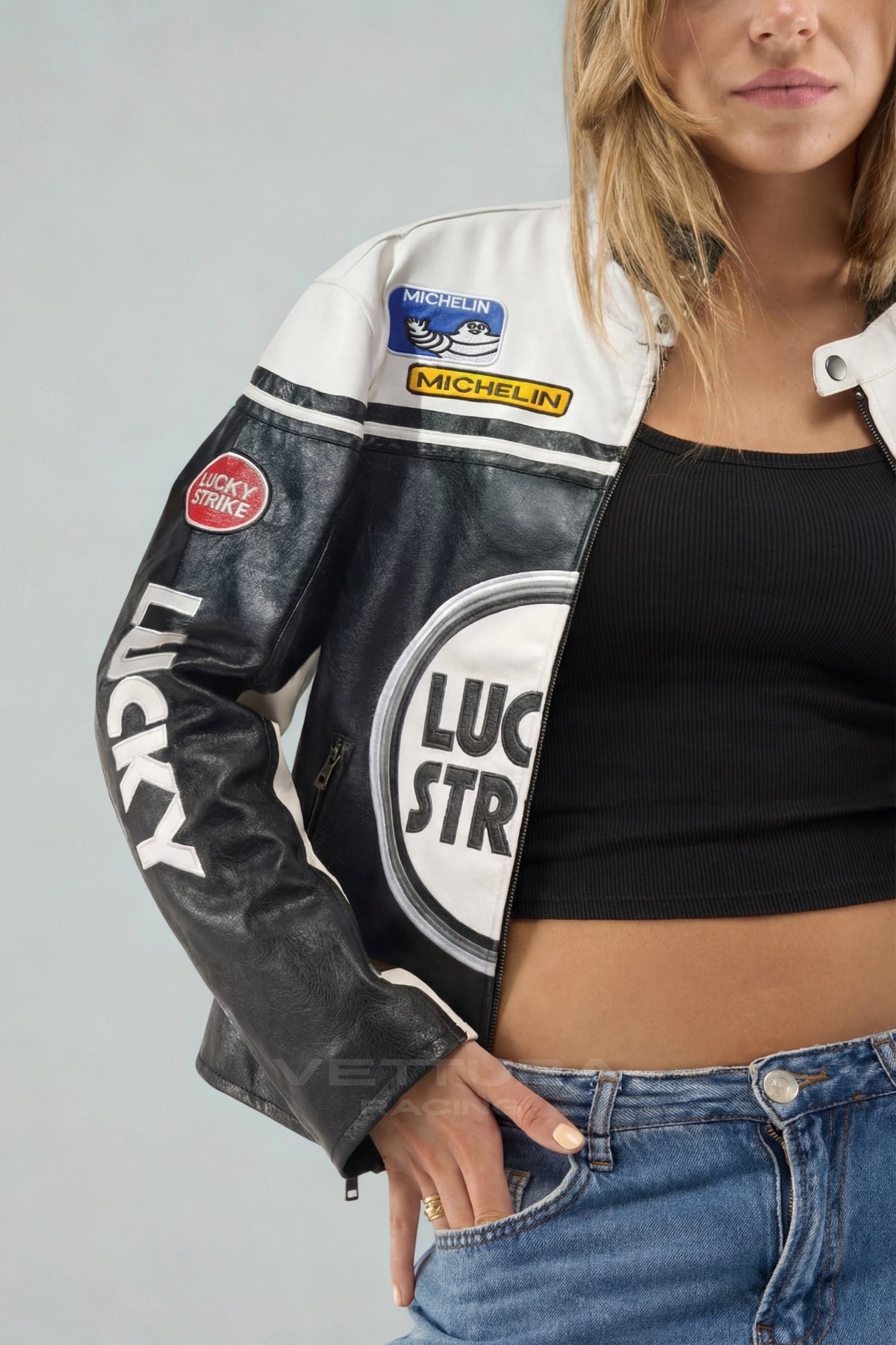 Lucky Strike leather racing jacket styled with jeans in daylight