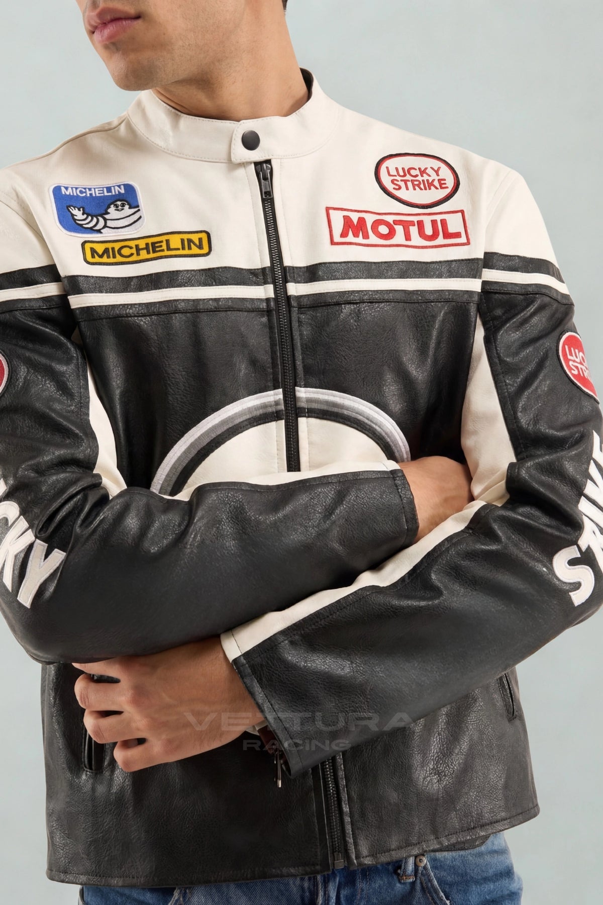 Close view of the Motul and Michelin patches on the Lucky Strike jacket