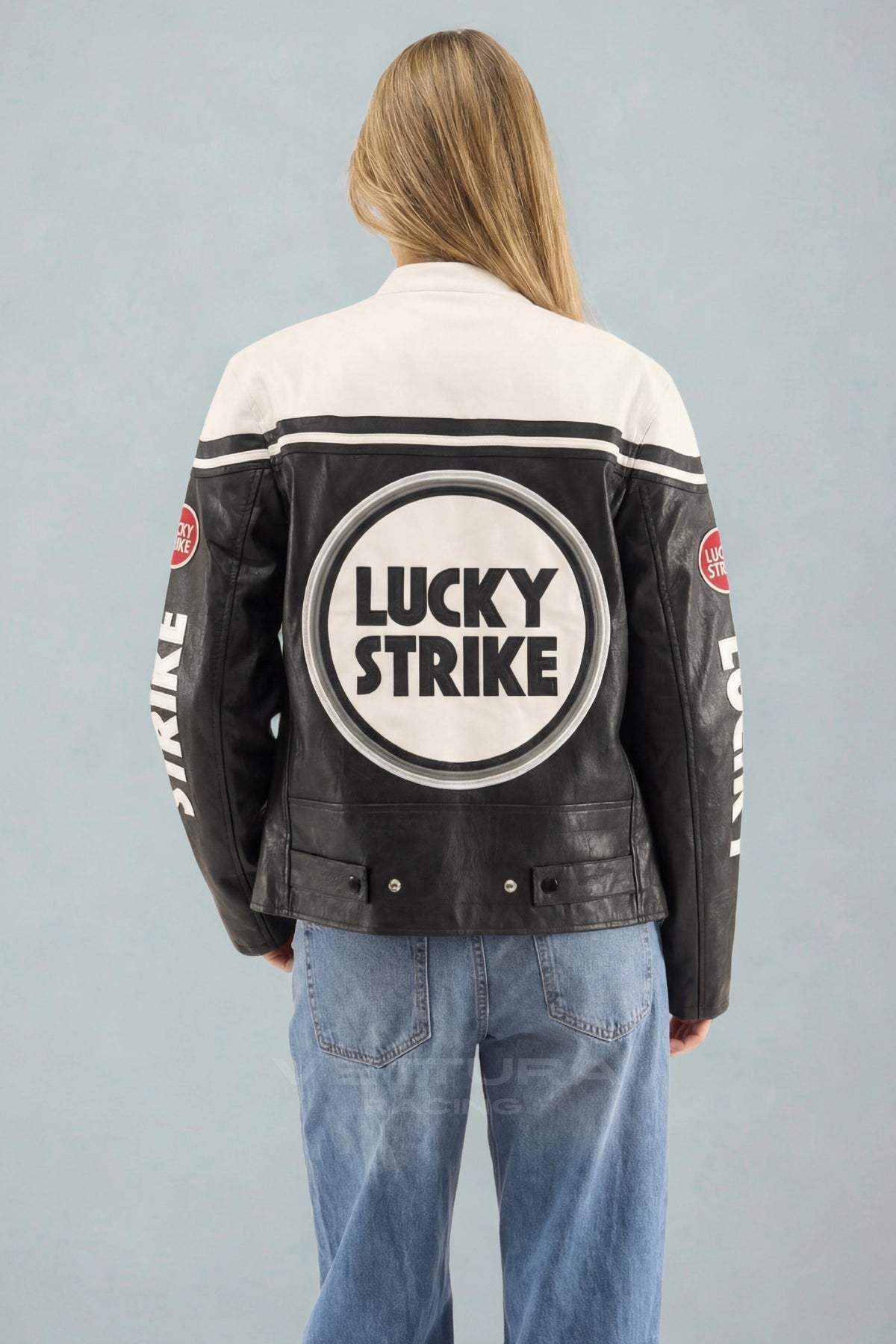 Back of the Lucky Strike white edition leather jacket with the roundel