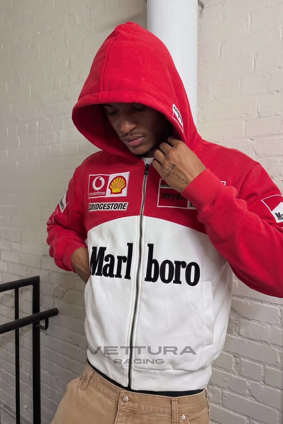 Marlboro Ferrari embroidered zip hoodie worn on the street