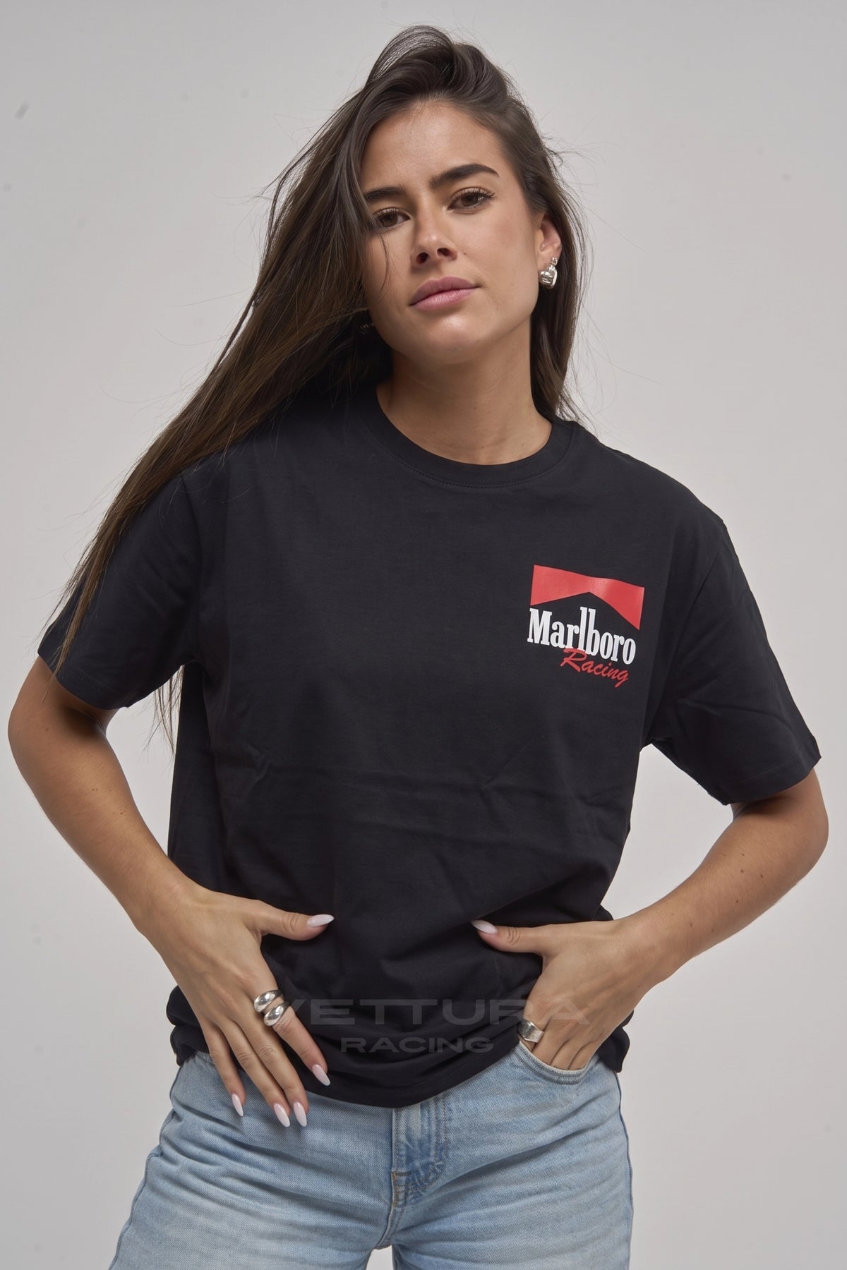 Model wearing the Marlboro Monaco GP t-shirt in black, front view