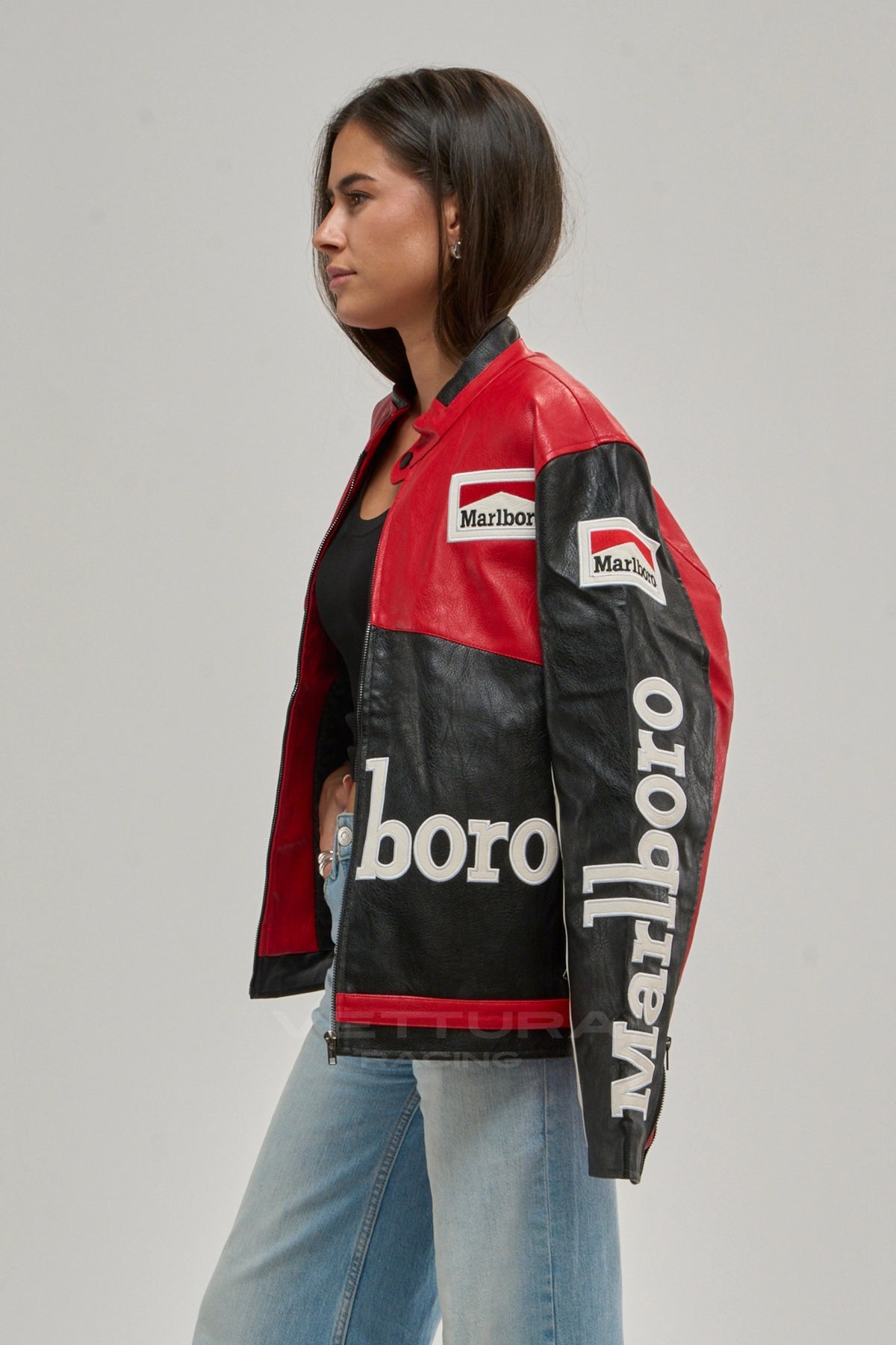 Marlboro racing leather jacket on a model, sleeve wordmark detail
