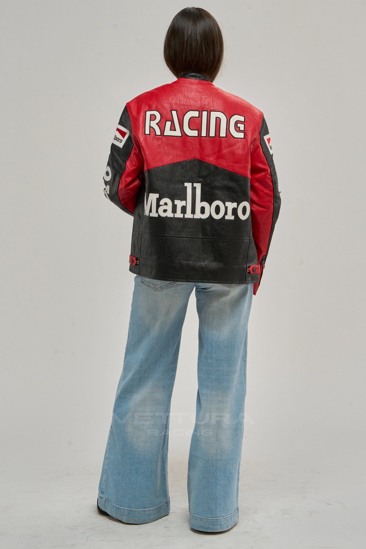Marlboro black edition leather jacket worn with jeans