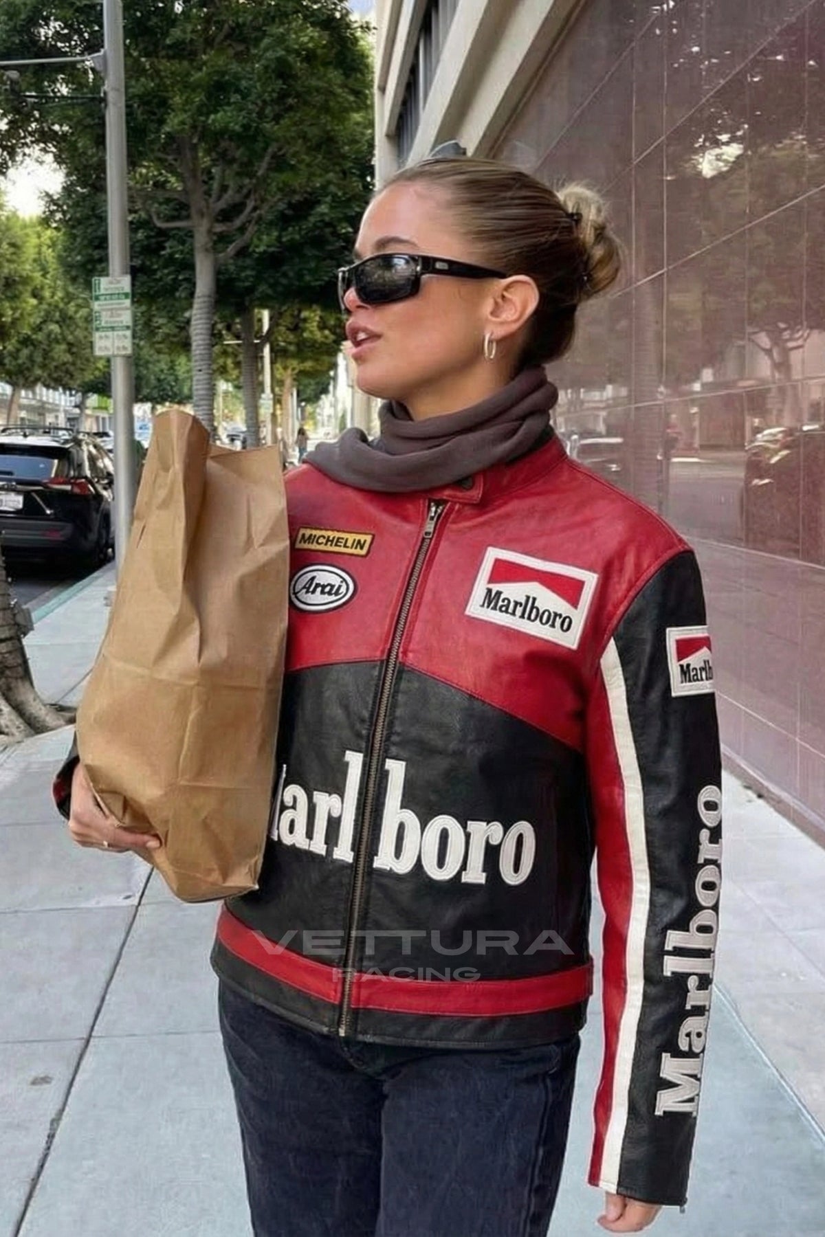Close view of the Marlboro chest band on the leather jacket