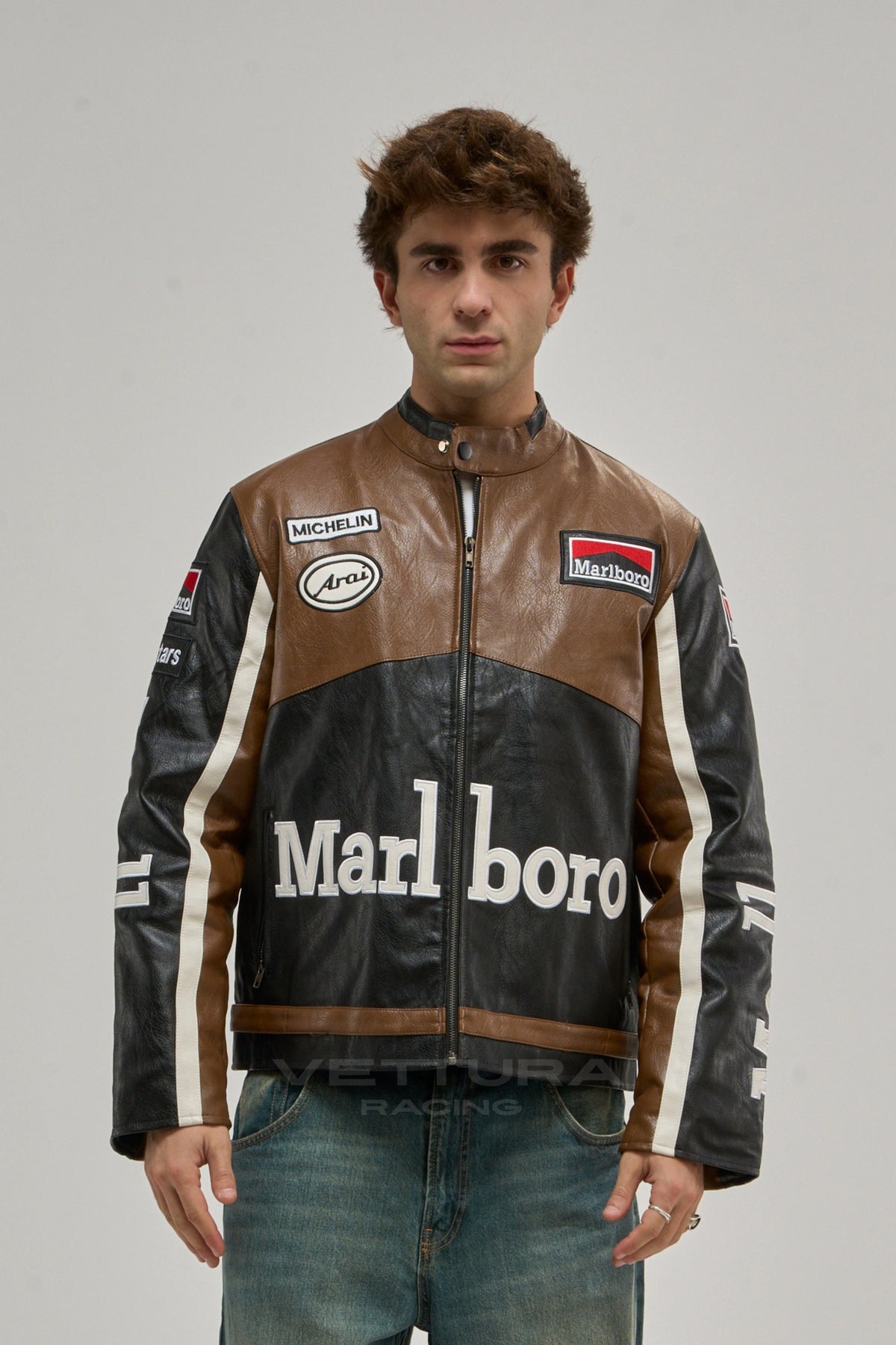 Model wearing the Marlboro racing brown edition leather jacket, front view