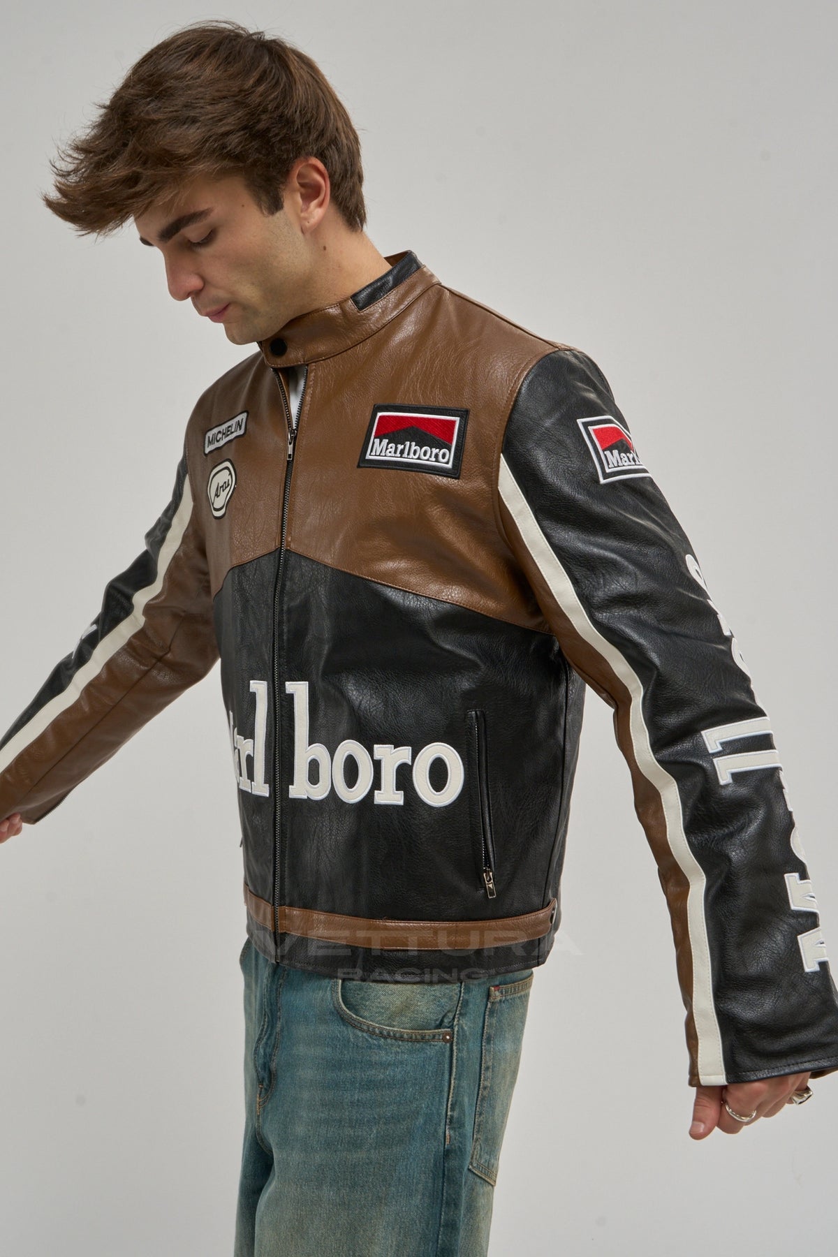 Marlboro brown racing leather jacket styled with jeans