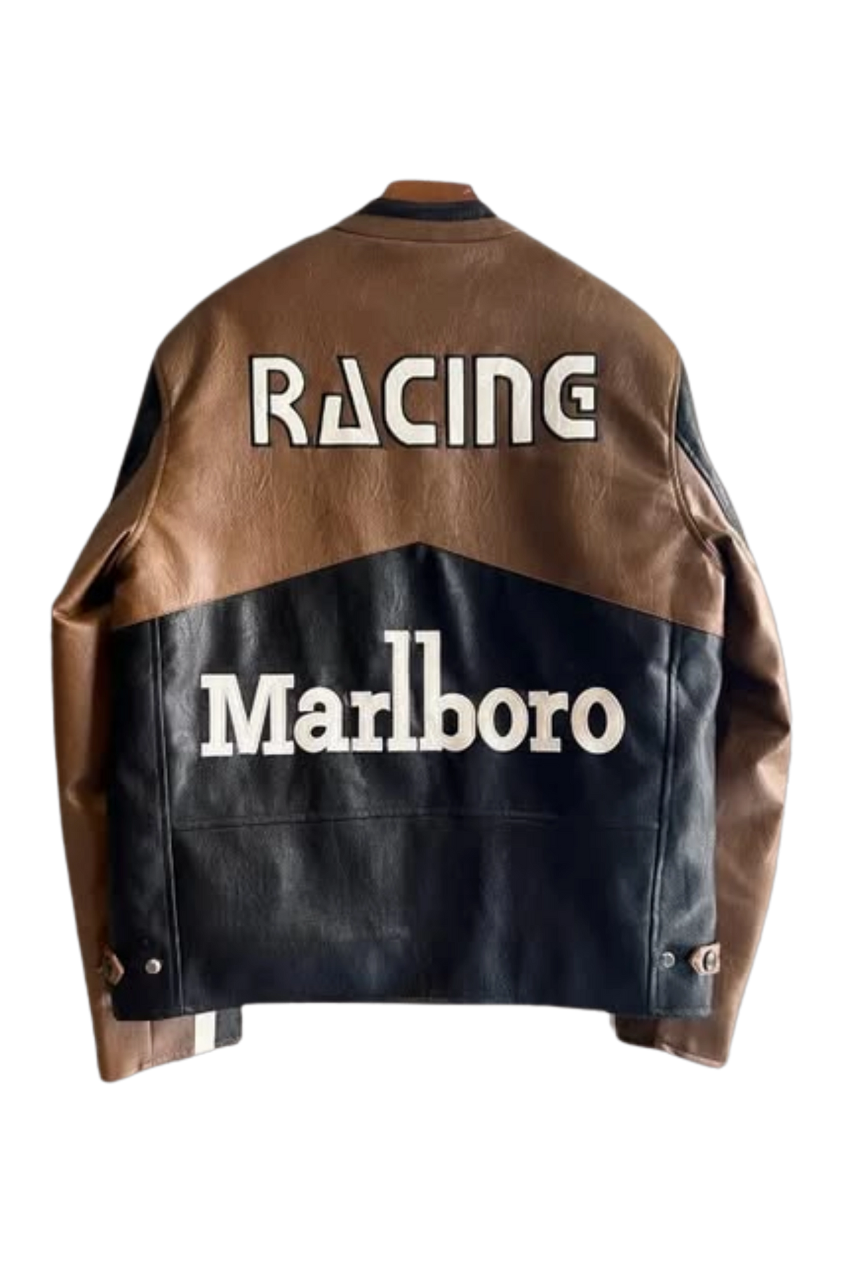 Marlboro racing brown leather jacket, back cut-out with the Racing lockup