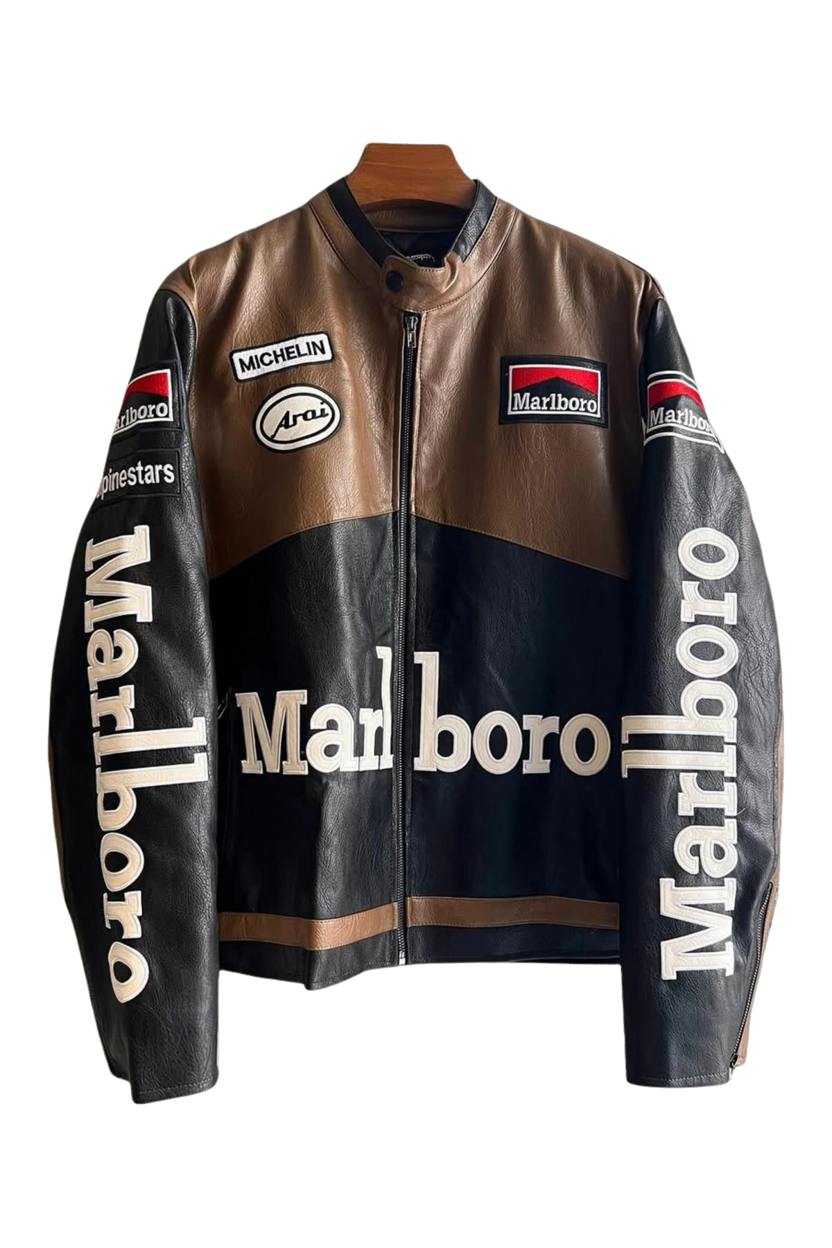 Marlboro racing brown leather jacket, front cut-out on a white background
