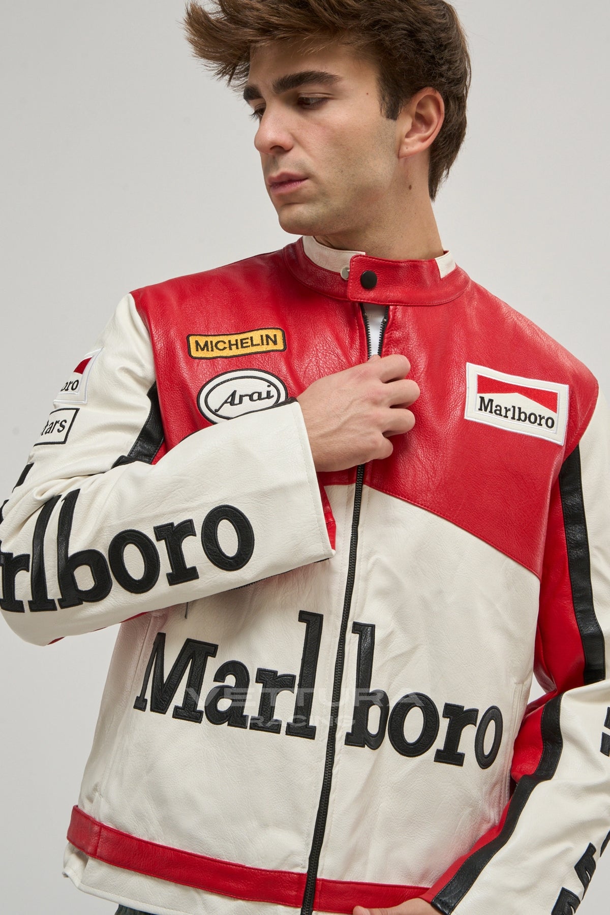 Model wearing the red and white Marlboro racing leather jacket, front view