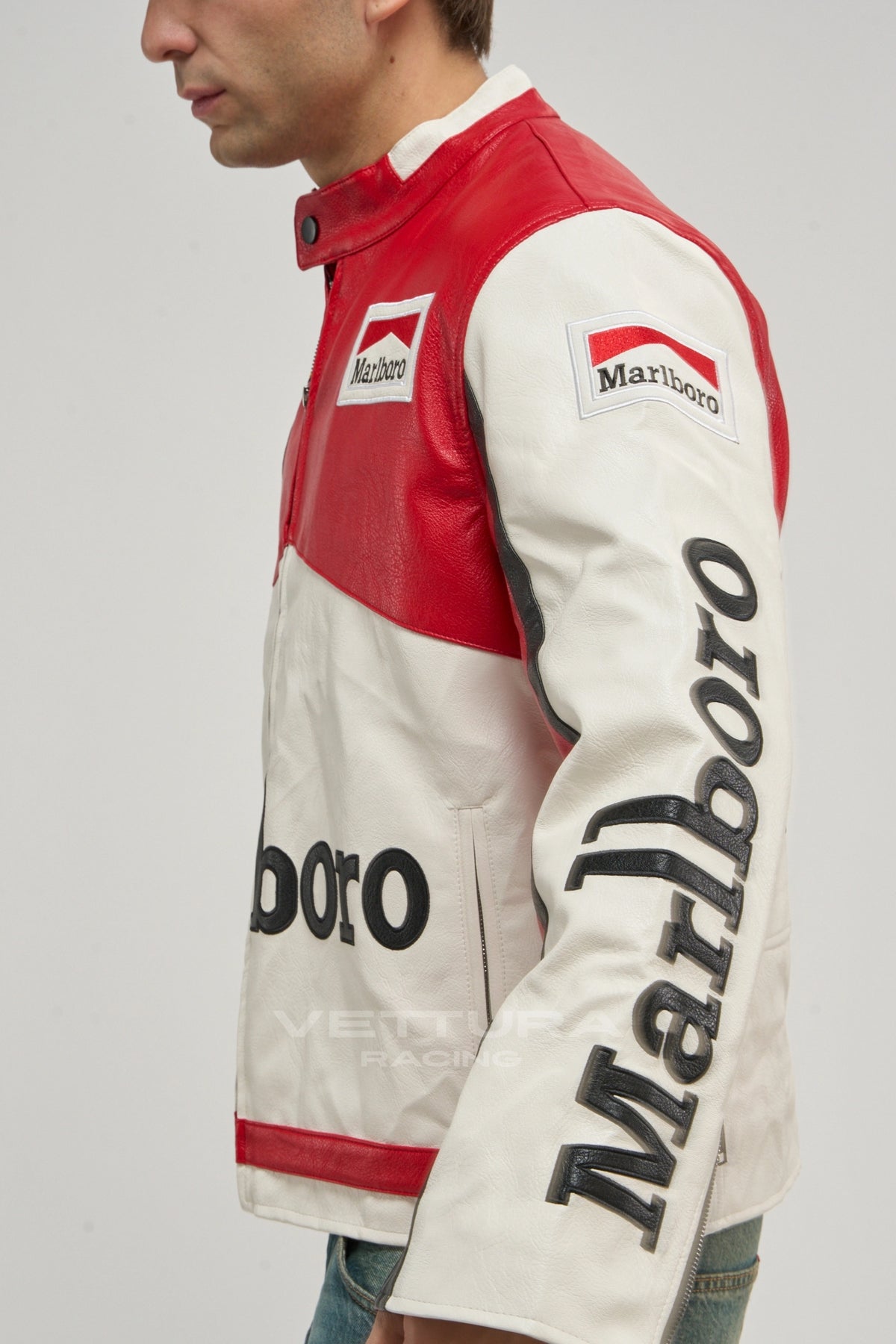Side view of the Marlboro racing leather jacket showing the embroidered sleeve