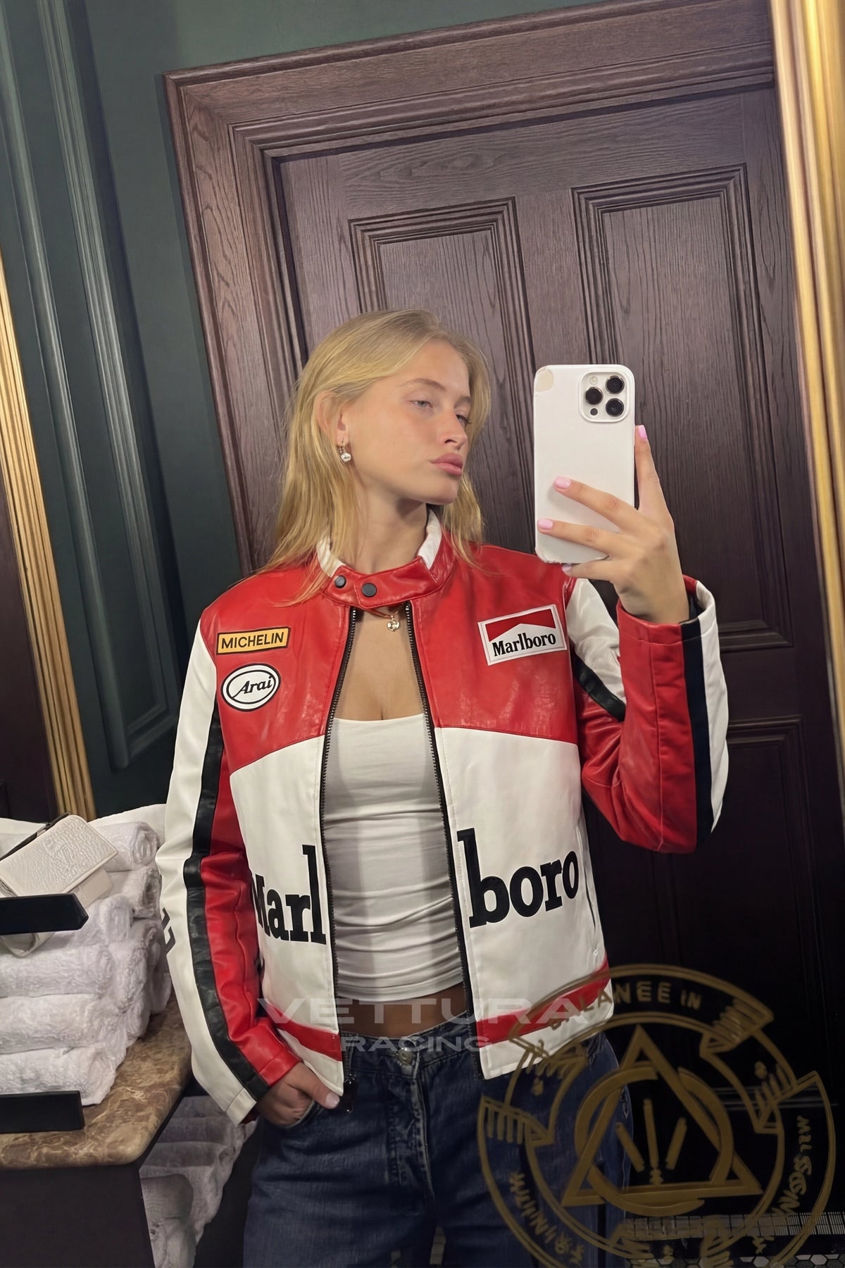 Mirror selfie street style look with the Marlboro racing leather jacket