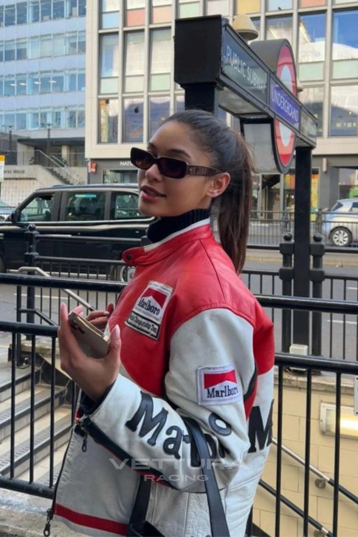 Street style outfit with the red and white Marlboro racing leather jacket