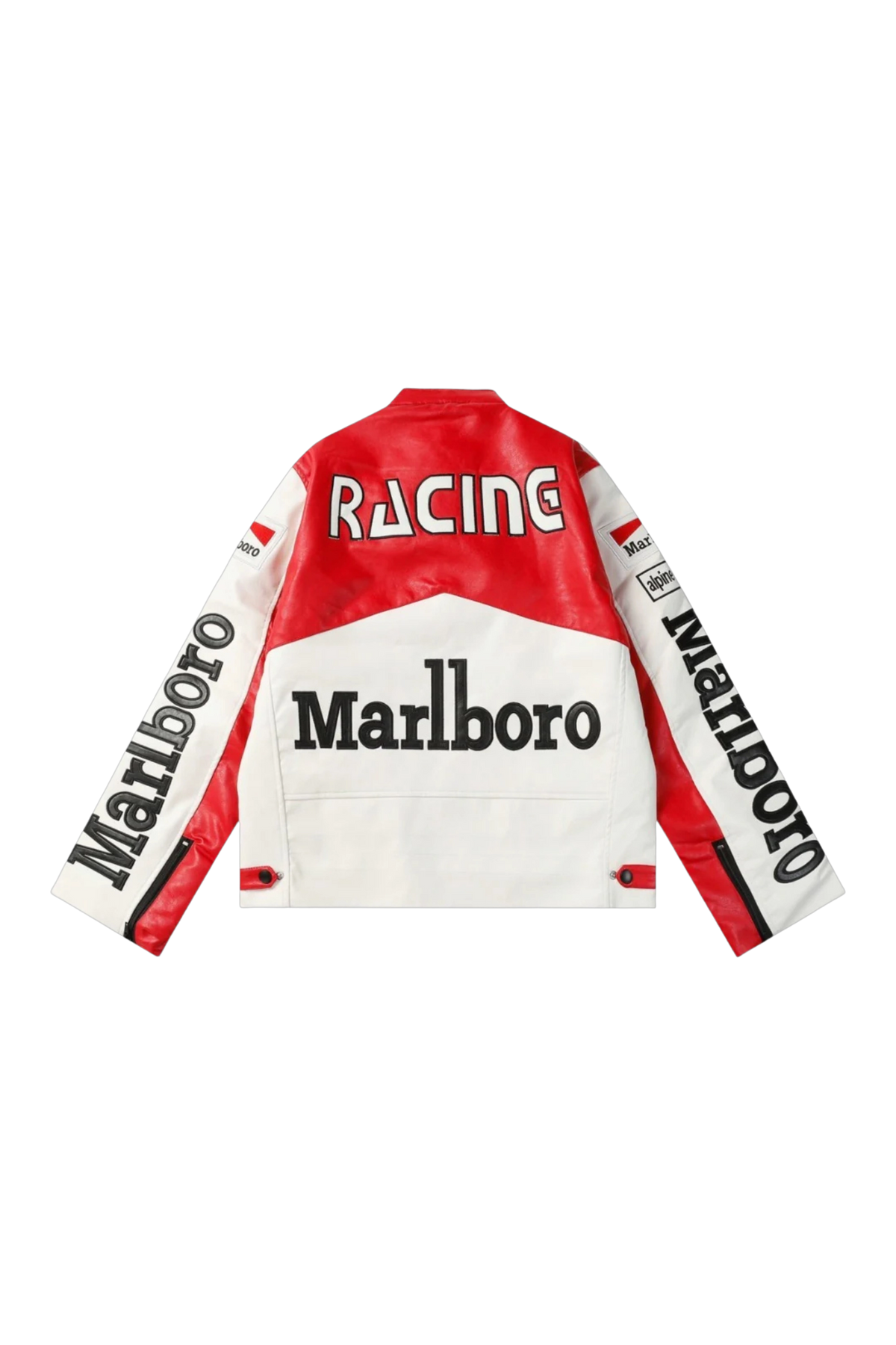 Marlboro racing leather jacket flat back view with embroidered Racing lettering