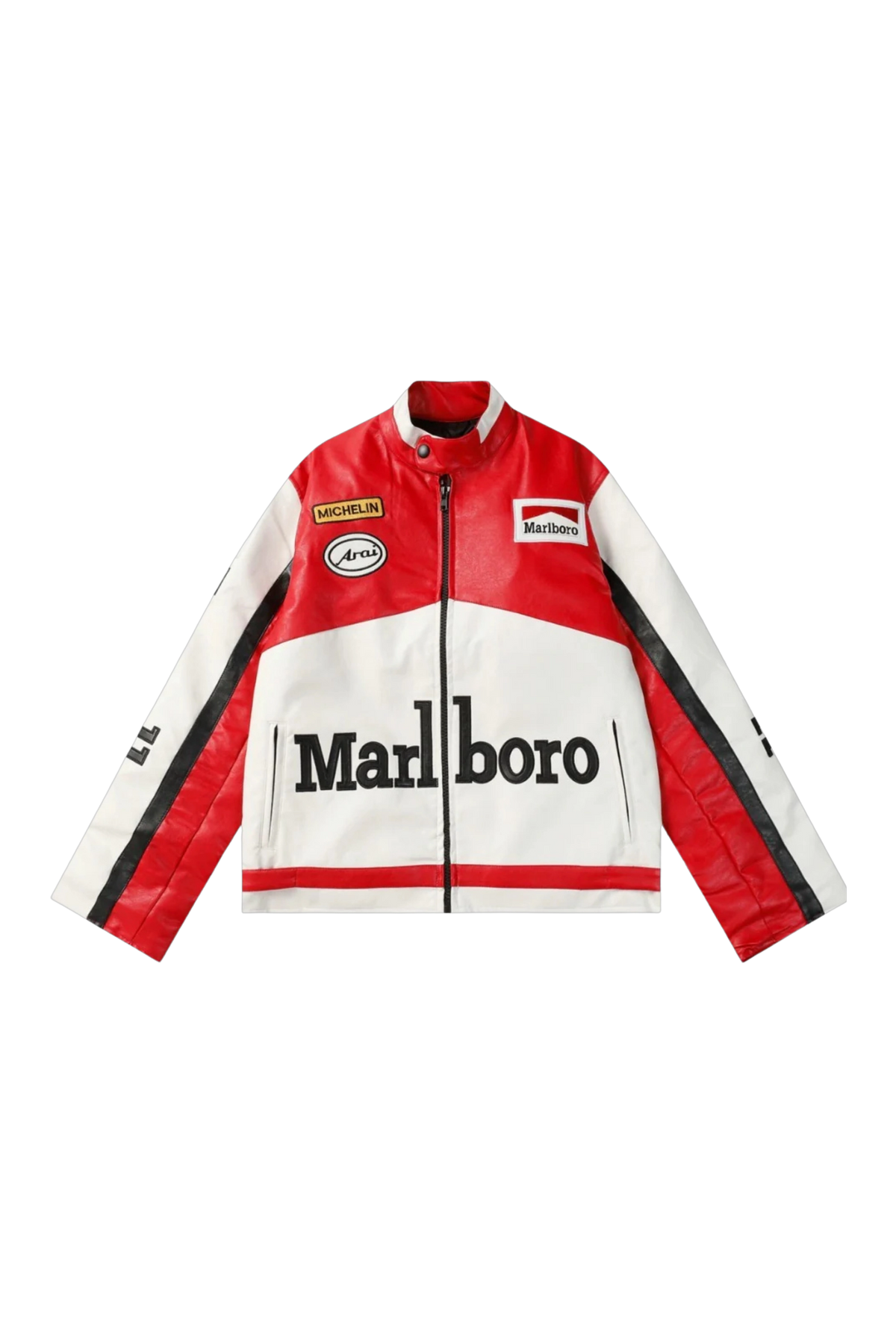 Red and white Marlboro racing leather jacket flat front view with embroidered patches