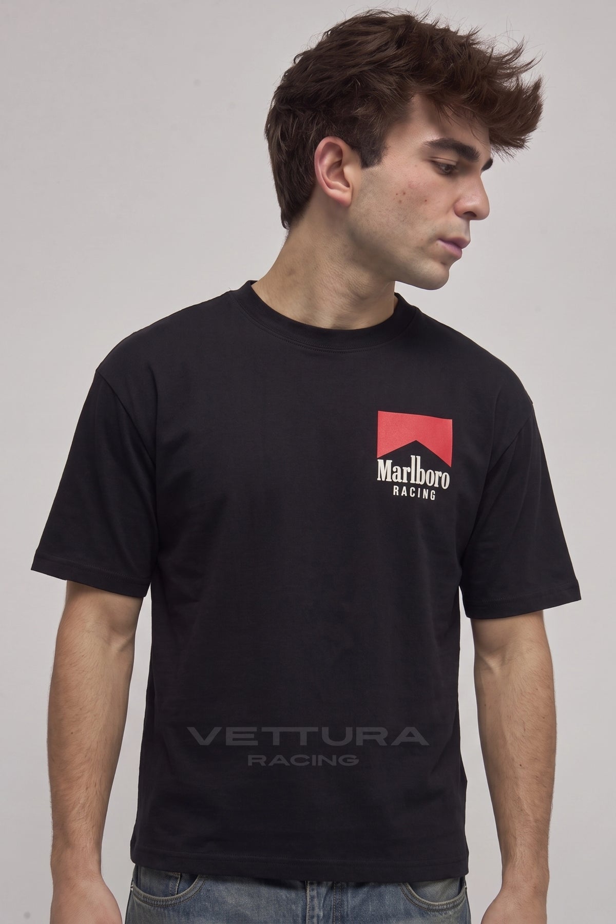 Marlboro Racing tee styled with jeans in daylight