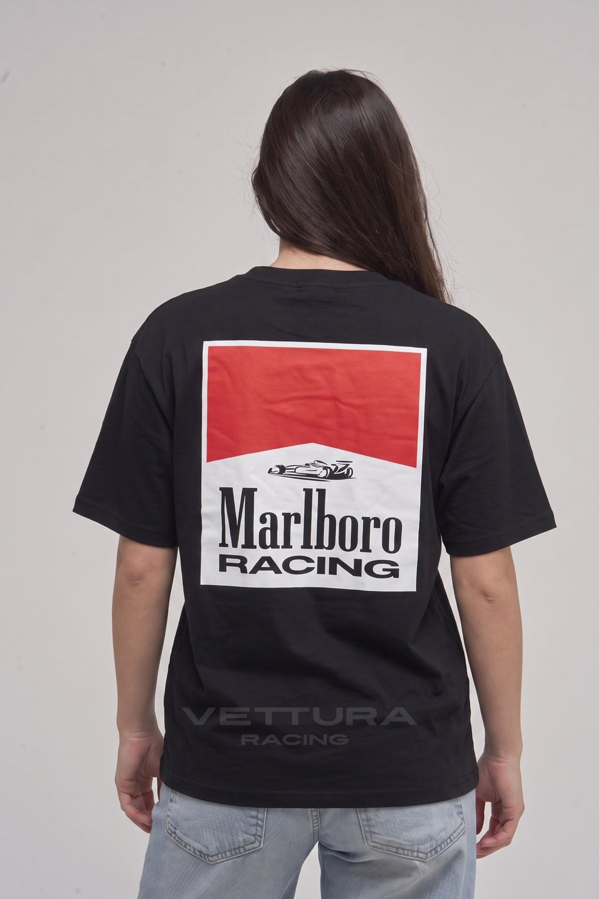 Back of the Marlboro Racing t-shirt with the red and white racing block