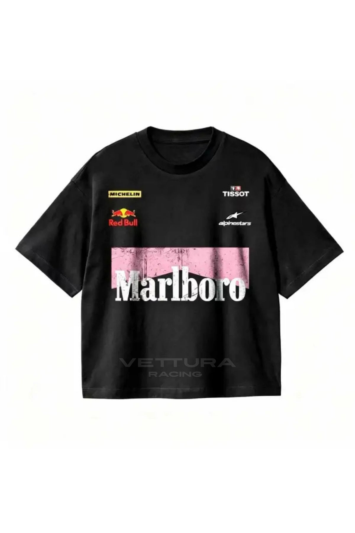 Marlboro racing t-shirt pink edition, front view with the pink chevron band