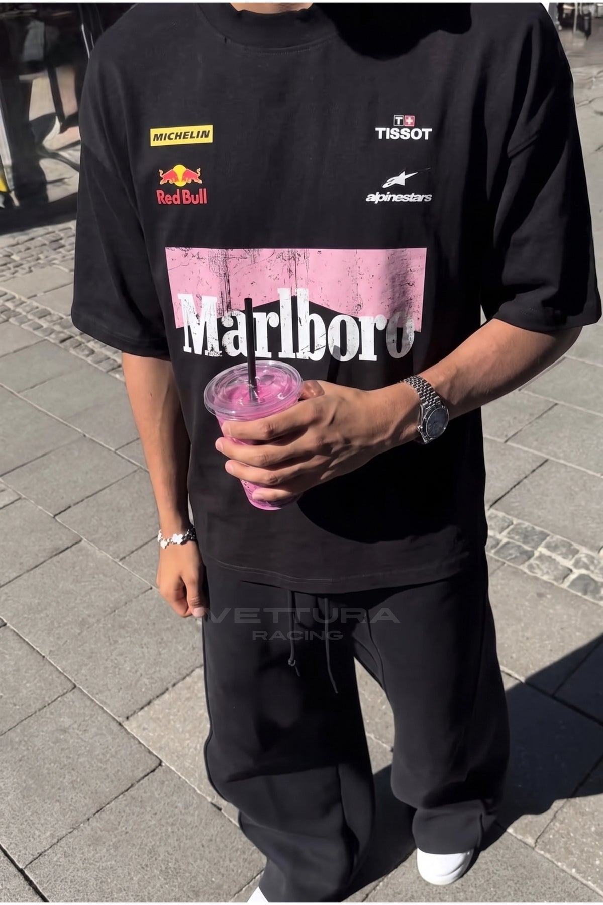 Marlboro pink edition racing tee worn with jeans, regular fit