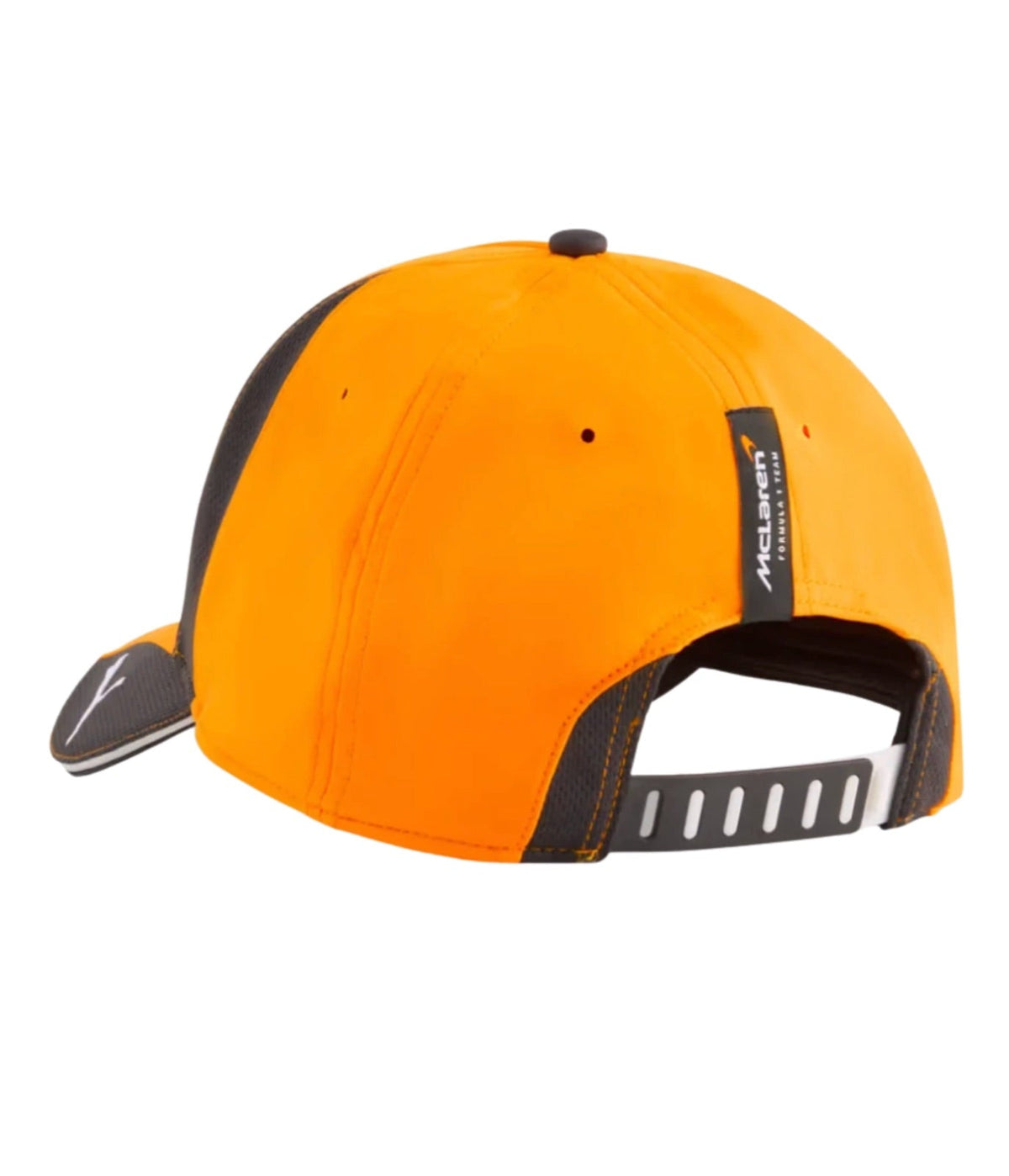 Rear of the papaya McLaren F1 Team 2025 cap with woven team tab and adjustable strap