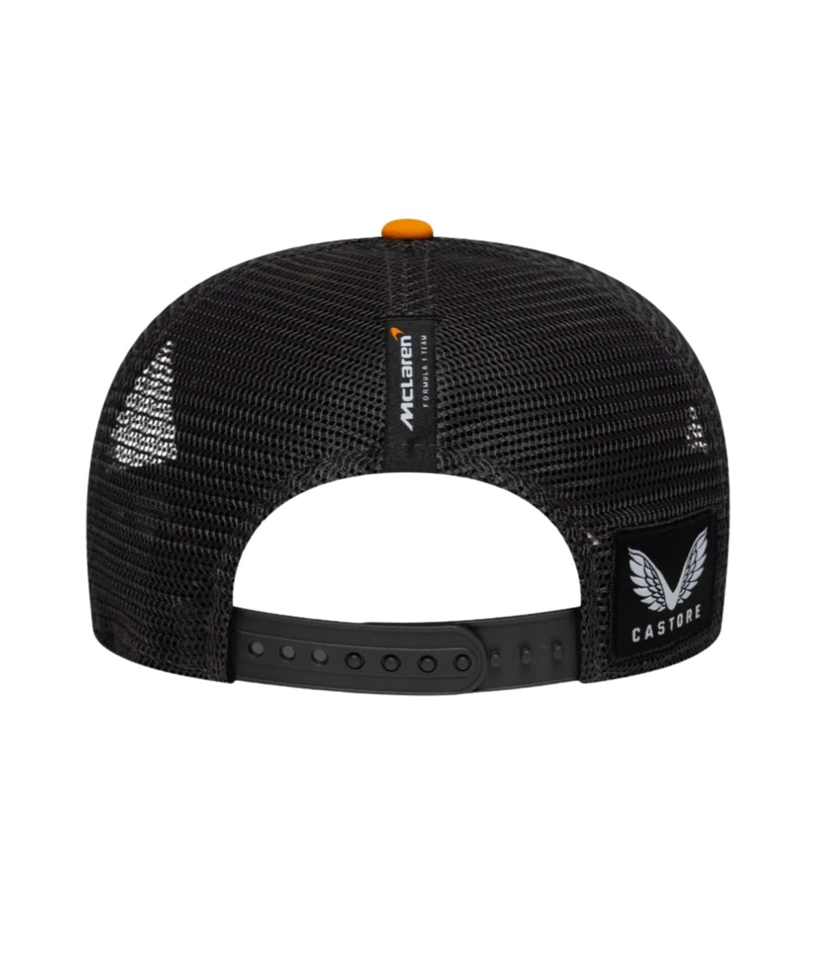 Rear of the McLaren F1 trucker cap showing black mesh, team tab and Castore patch