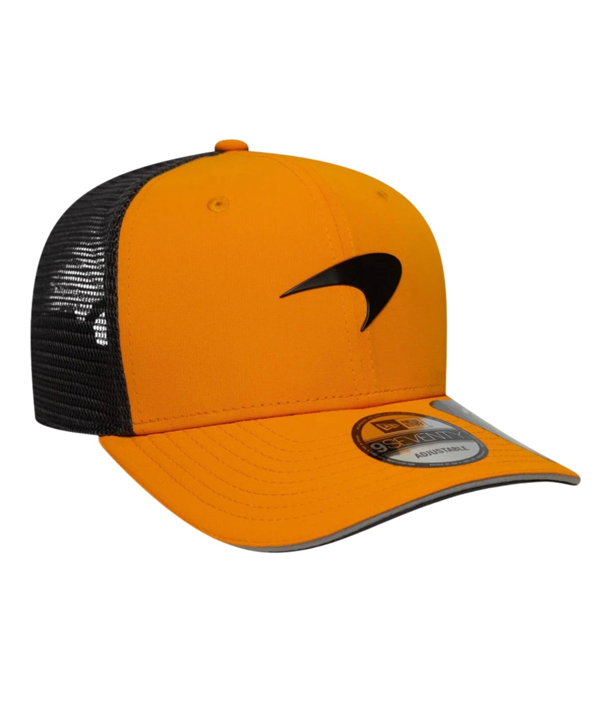 Side angle of the McLaren F1 papaya trucker cap with the brim sticker still in place