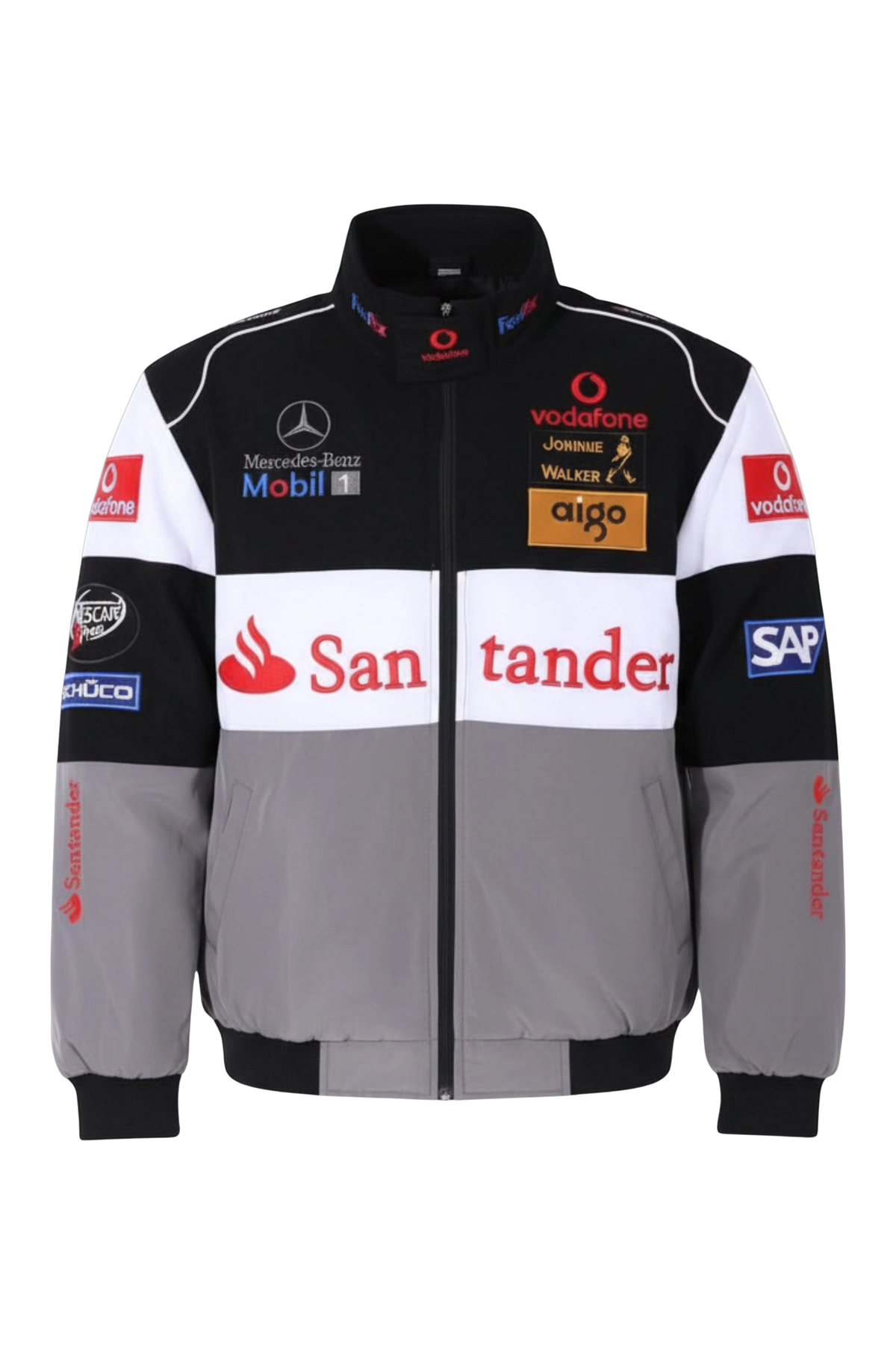 Grey and black McLaren Mercedes F1 racing jacket flat front view with embroidered patches