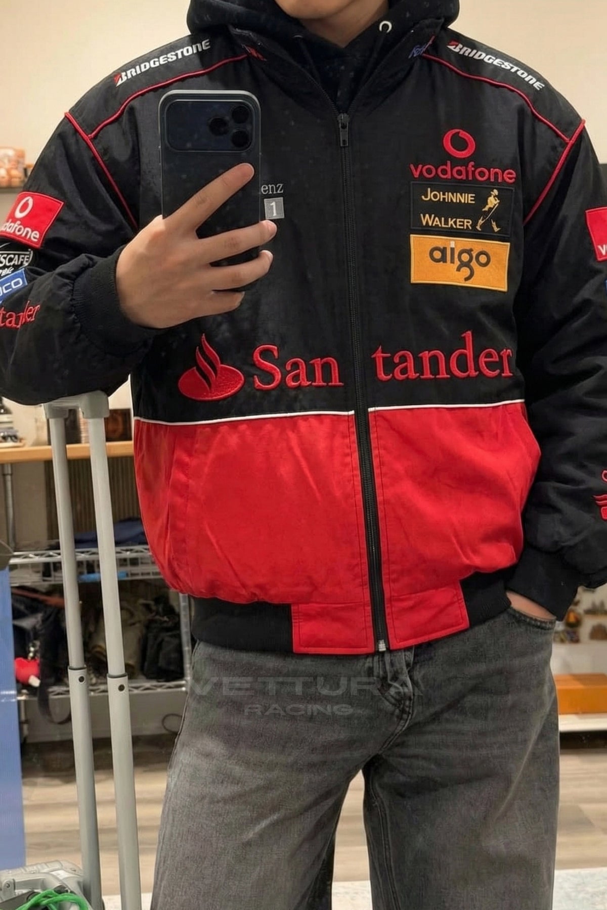 Street style look with the black and red McLaren Mercedes vintage F1 jacket