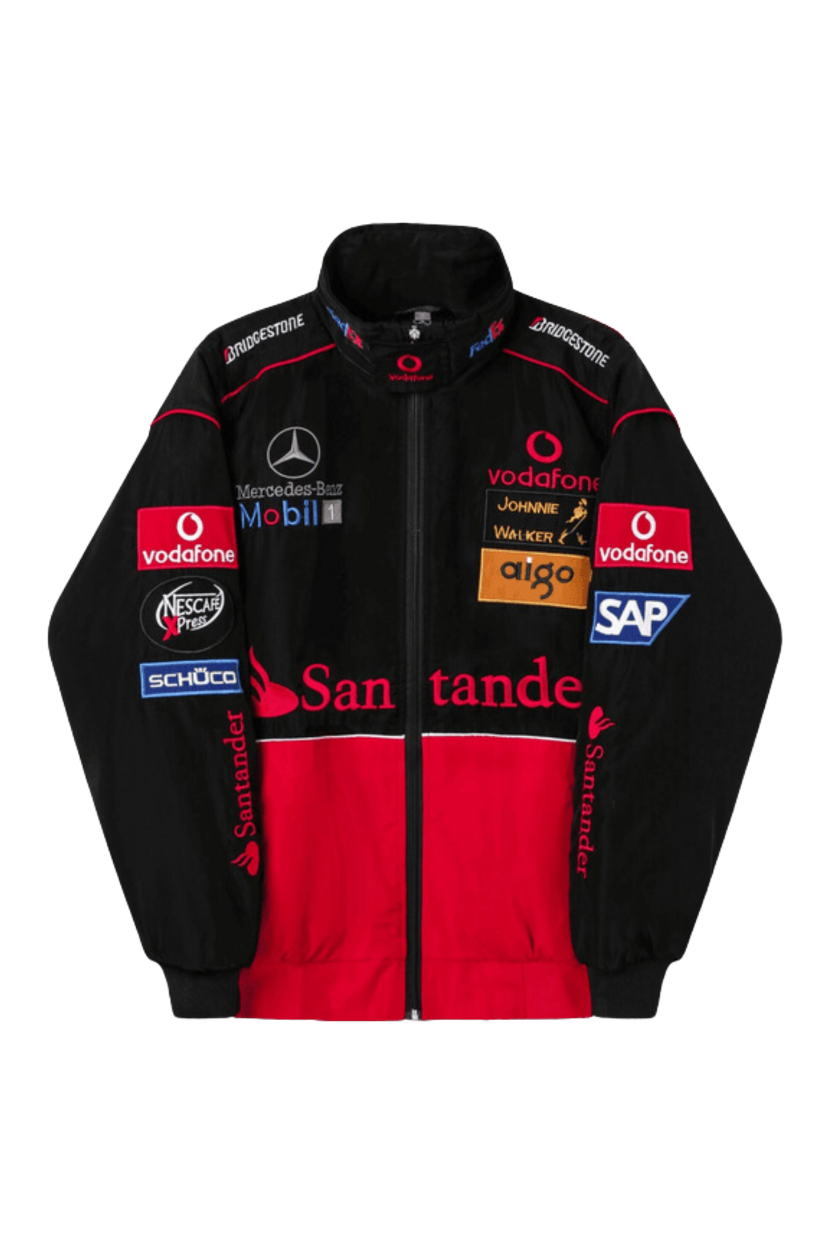 Black and red McLaren Mercedes F1 jacket flat front view with embroidered patches
