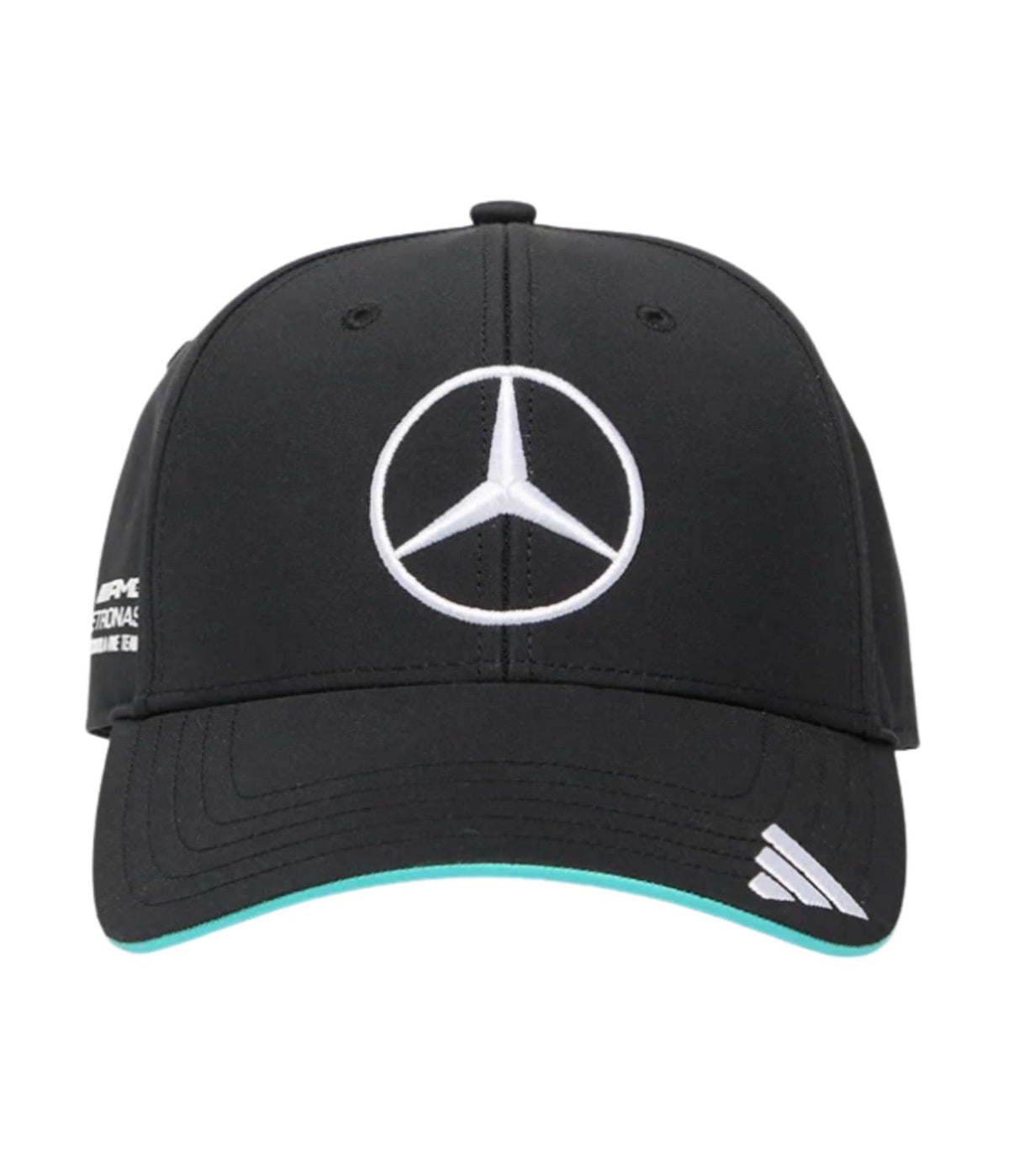 Front of the black Mercedes AMG F1 Team cap with the silver three-pointed star
