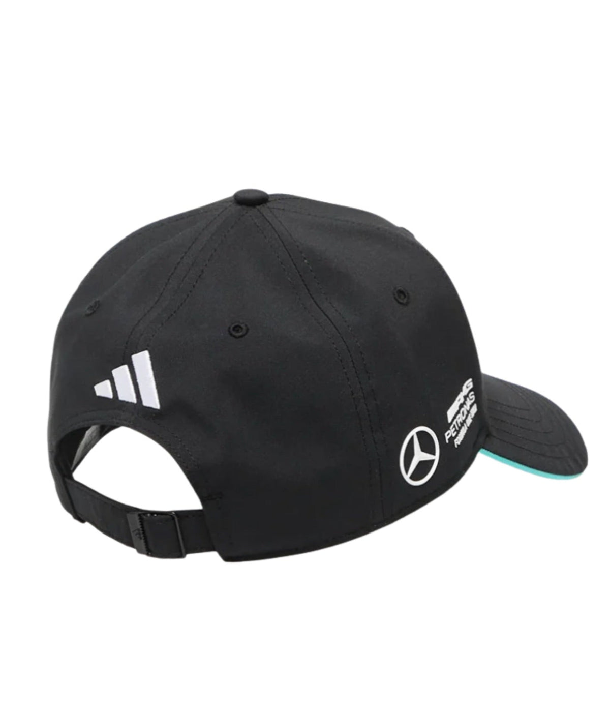 Rear of the black Mercedes AMG F1 Team cap with adidas mark and adjustable strap