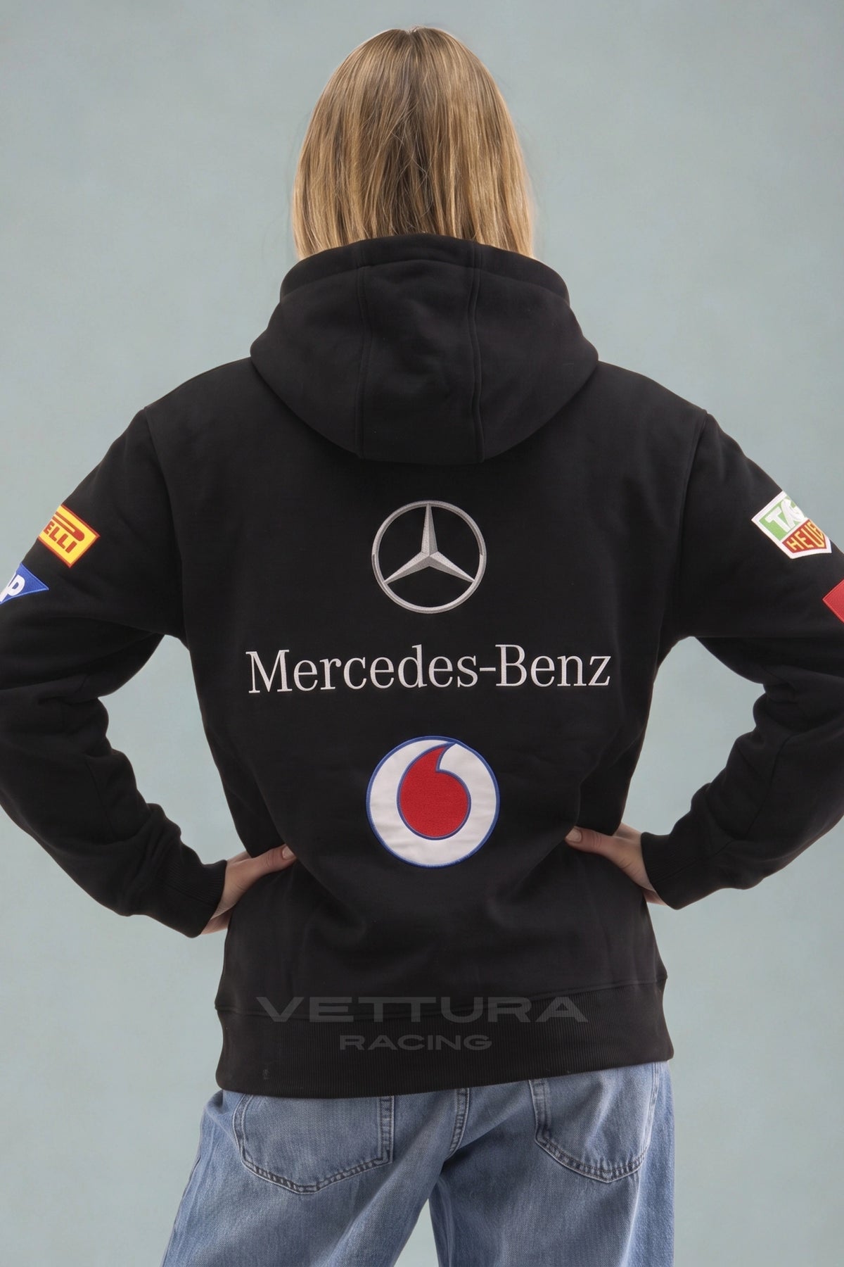 Back of the Mercedes-Benz hoodie with the embroidered star and wordmark