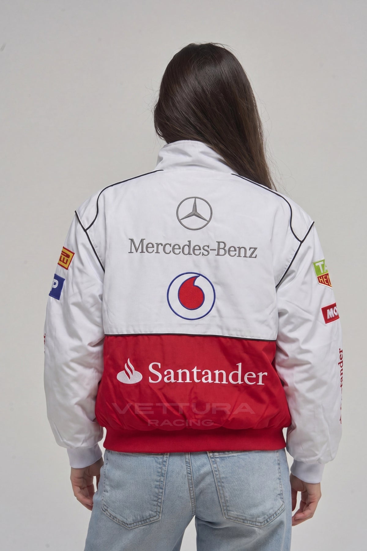 Model wearing the Mercedes-Benz white vintage racing jacket, back star view