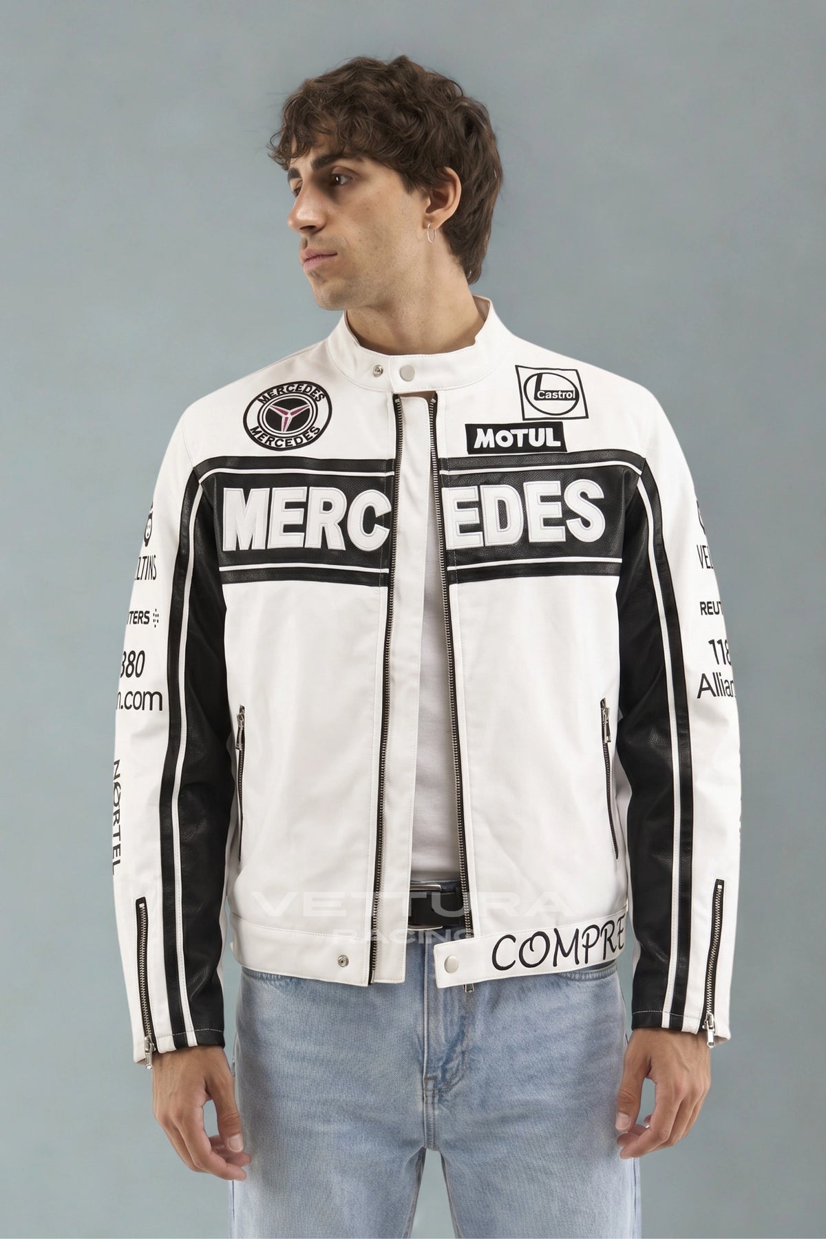 Model wearing the Mercedes-Benz vintage racing leather jacket in white, front view
