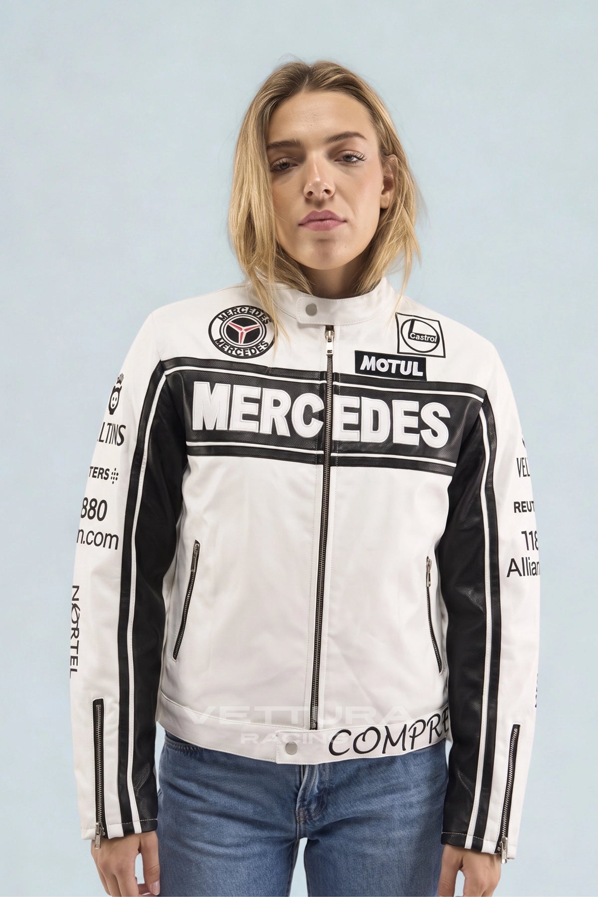 Mercedes-Benz vintage leather racing jacket styled with jeans