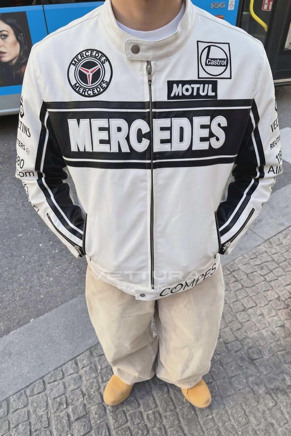 Close view of the Motul and team patches on the Mercedes-Benz jacket