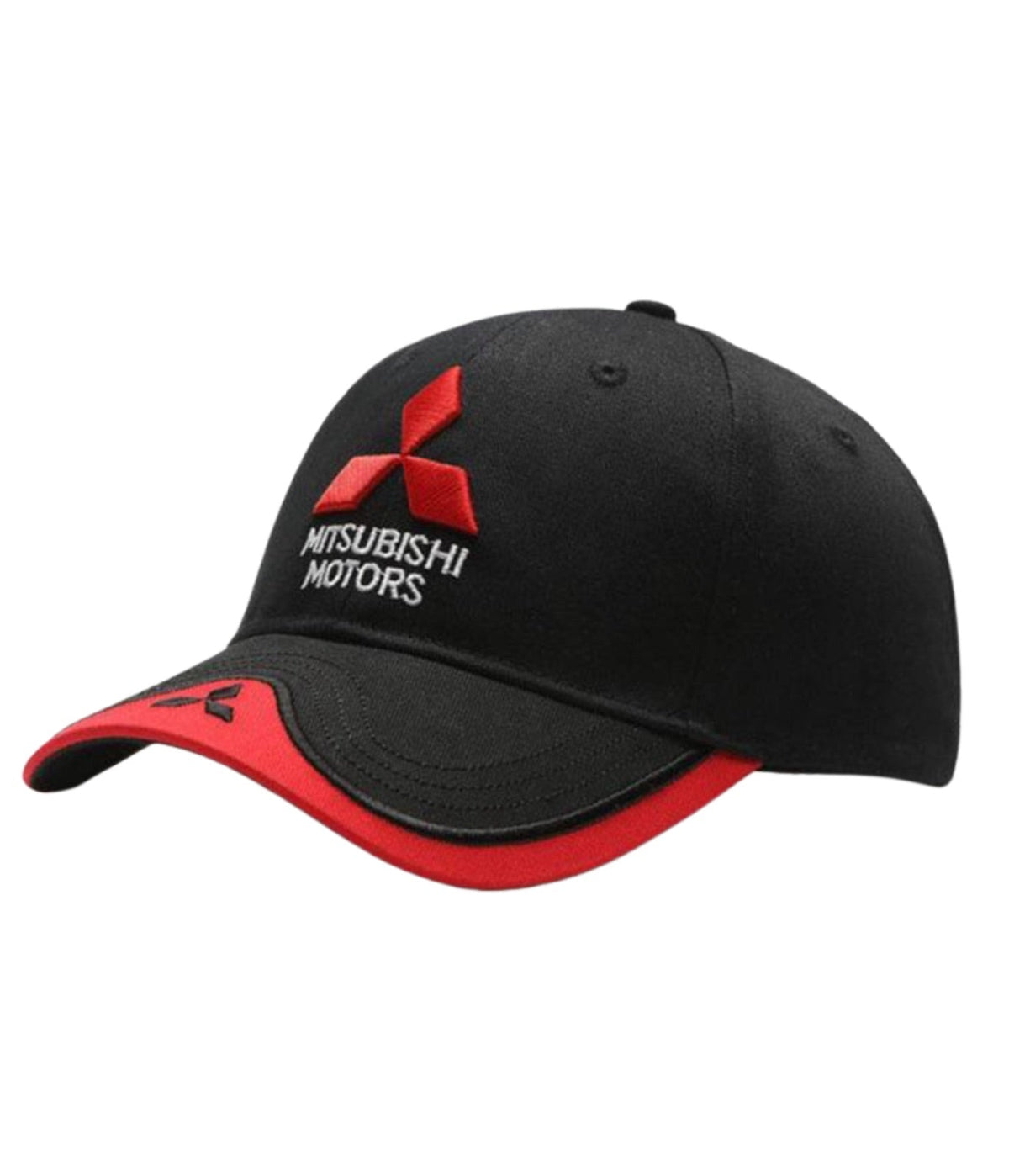 Black Mitsubishi Motors cap at an angle with red 3D three-diamond emblem and red wave brim