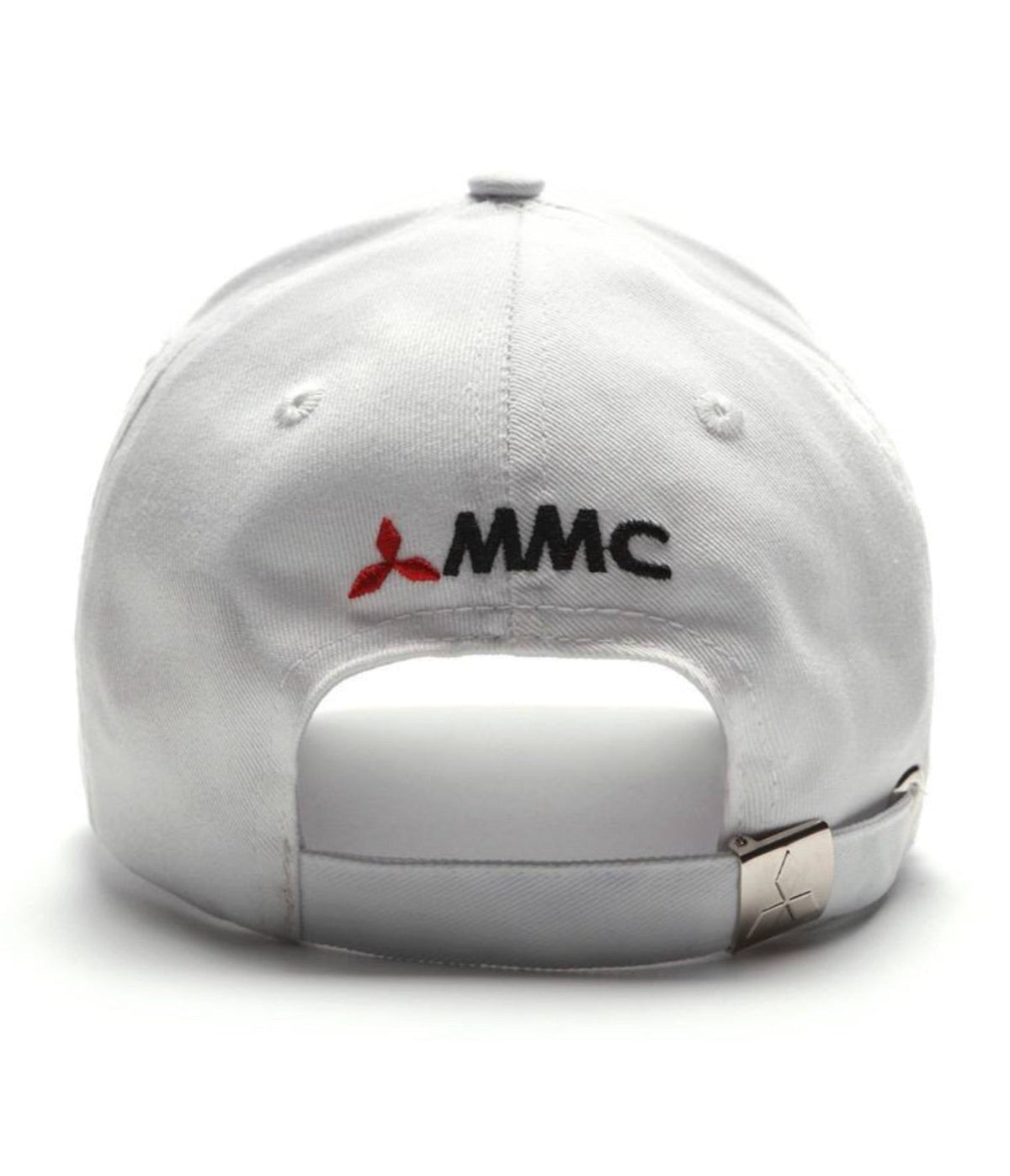 Rear of the white Mitsubishi Motors cap with stitched MMC emblem and metal clasp closure