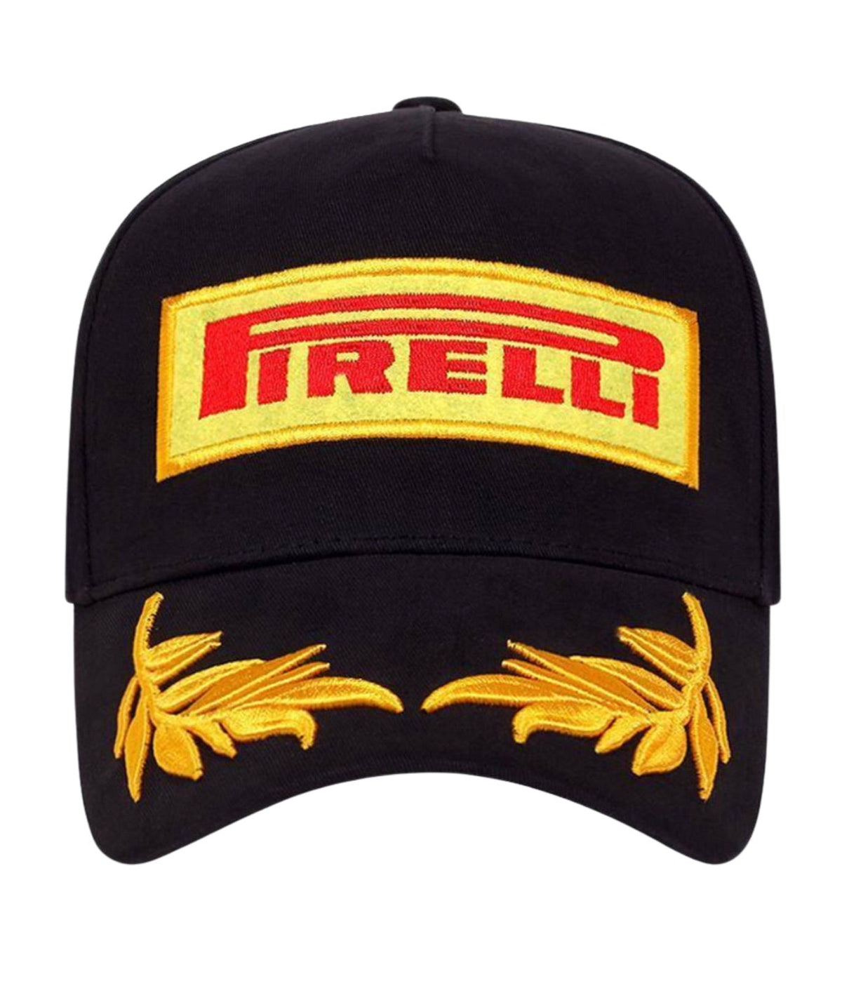Front of the black Pirelli podium cap with the gold laurel wreath across the brim