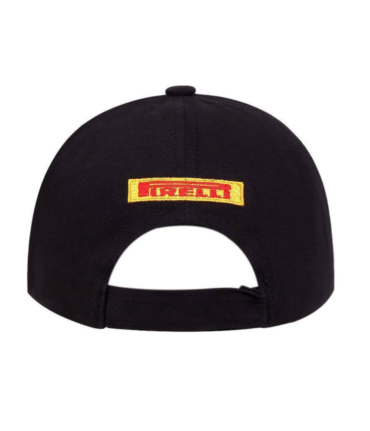 Rear of the black Pirelli podium cap with the small stitched logo and adjustable strap