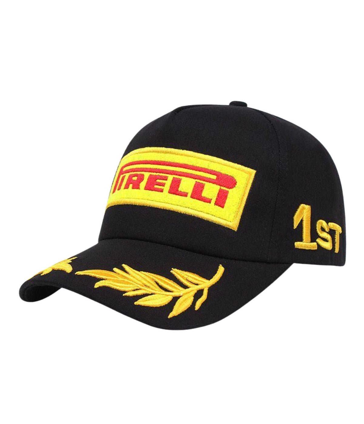Black Pirelli podium cap at an angle showing the gold 1ST embroidery on the side