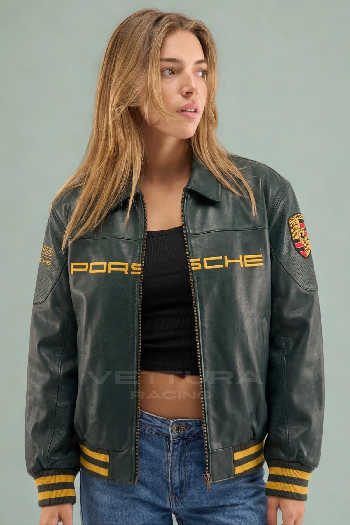 Porsche green leather jacket on a model, showing the gold trims