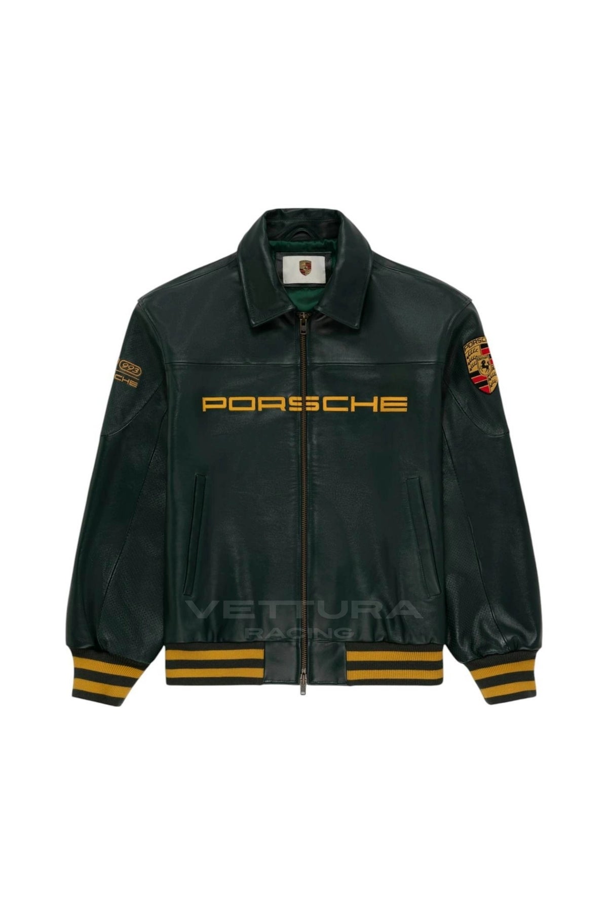 Porsche 993 Turbo green leather jacket, front product shot on a white background