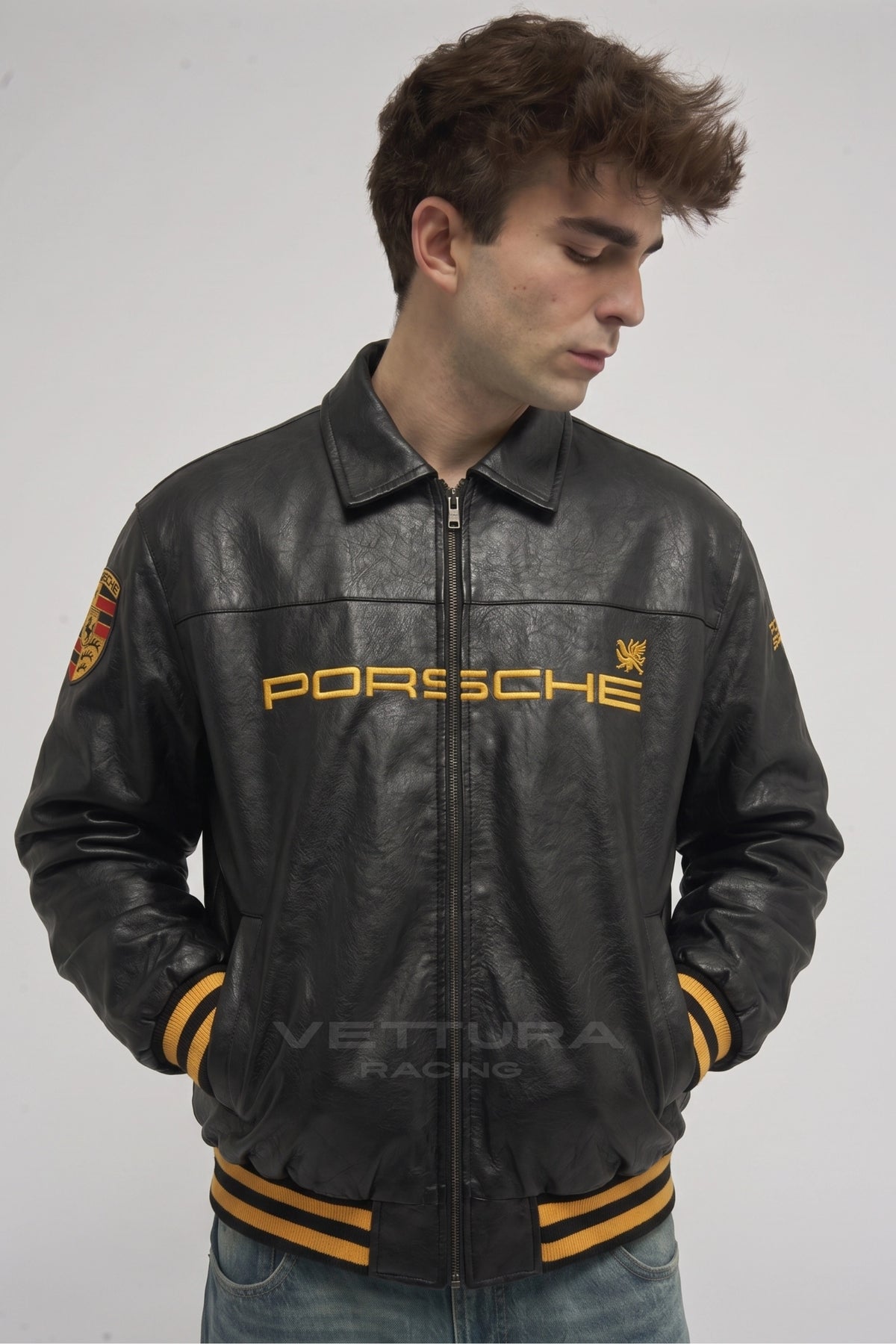 Porsche 993 Turbo leather jacket styled with jeans in daylight