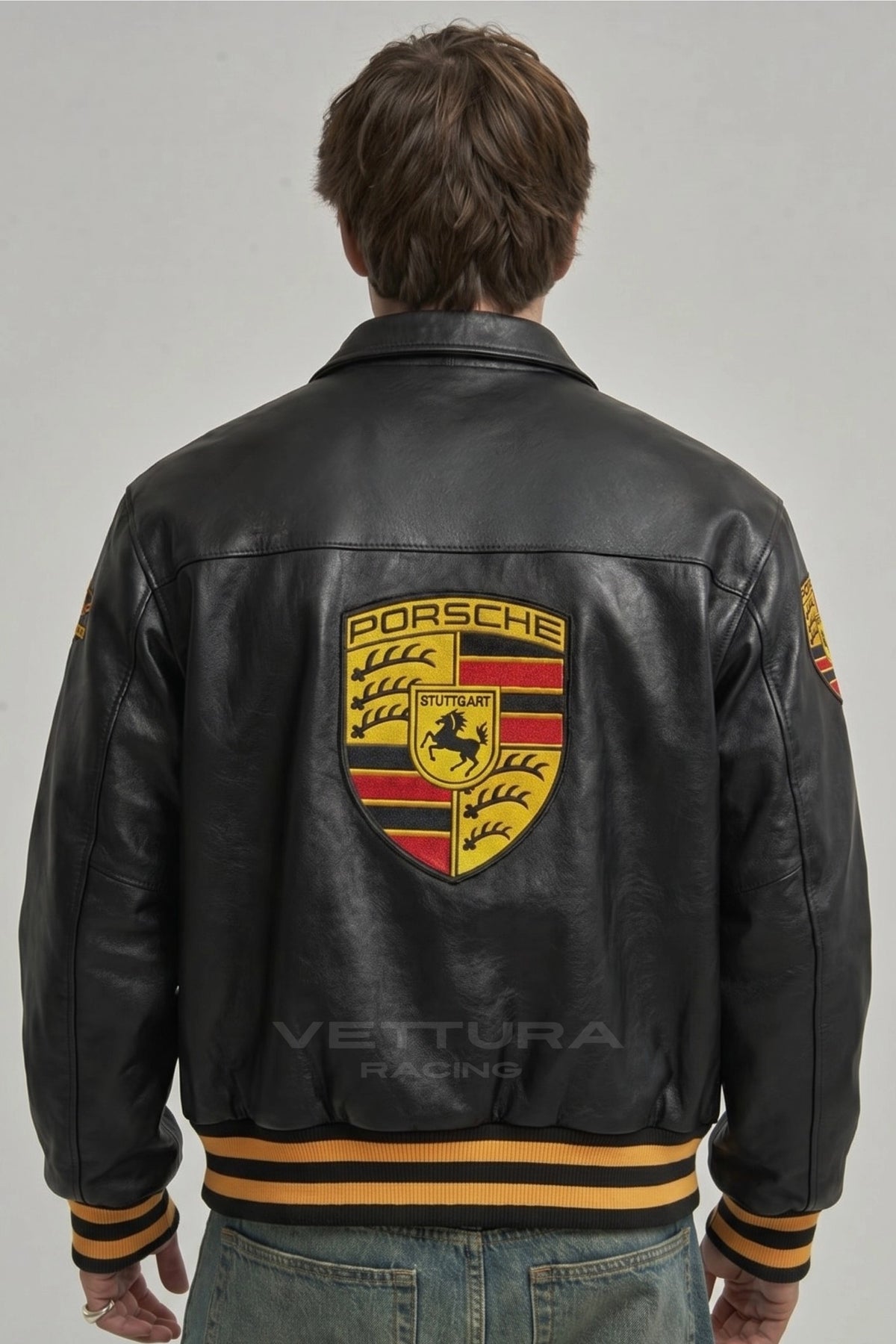 Porsche black leather jacket worn on the street