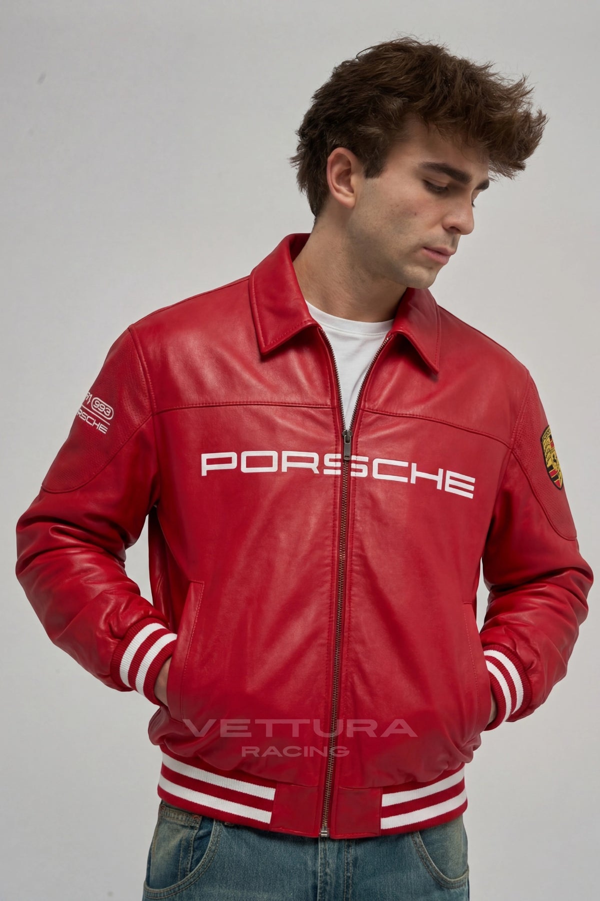 Porsche 993 Turbo red jacket styled with jeans in daylight
