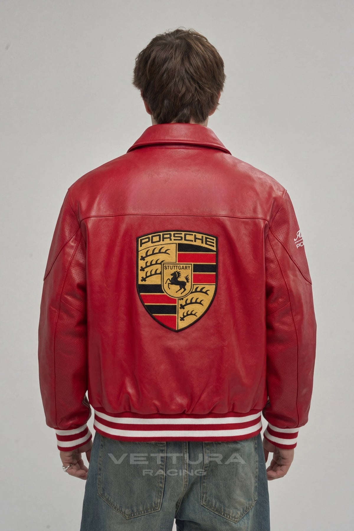 Porsche red leather racing jacket worn on the street