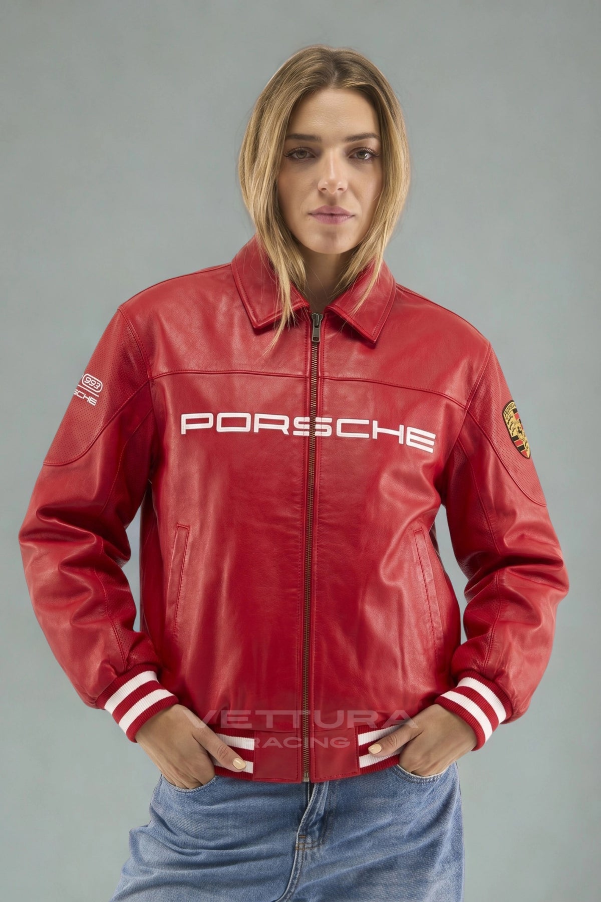 Model wearing the Porsche 993 Turbo red leather jacket, front view