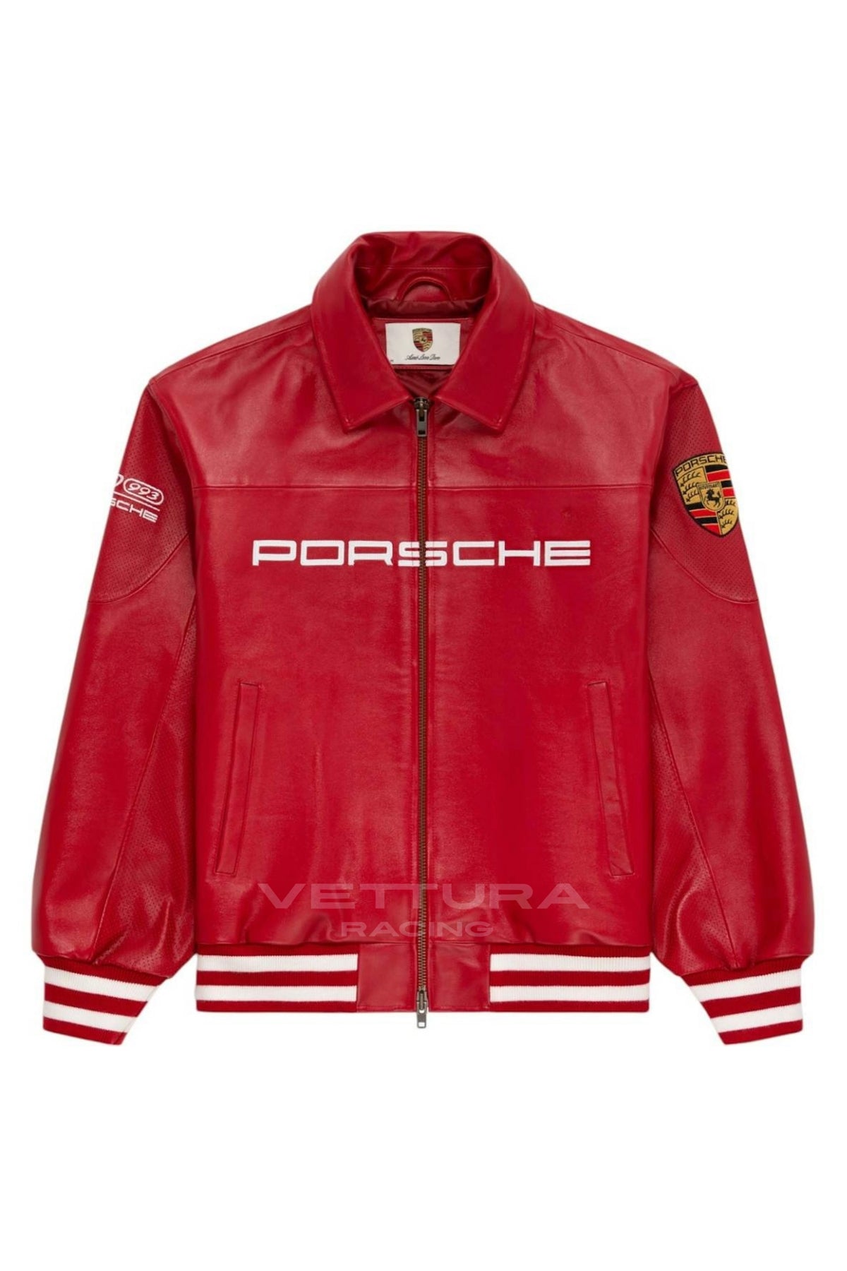 Porsche 993 Turbo red leather jacket, front product shot on a white background