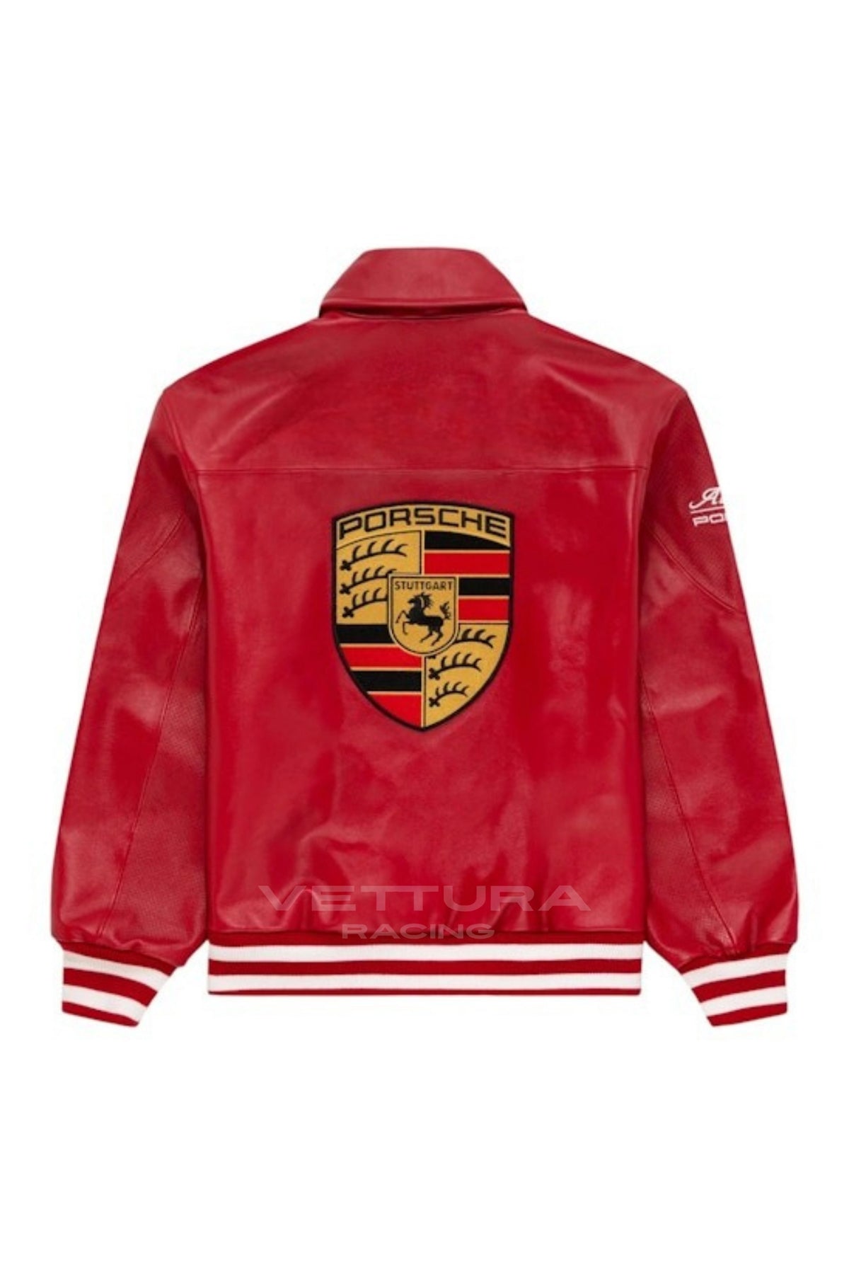 Back of the Porsche red leather jacket with the large crest
